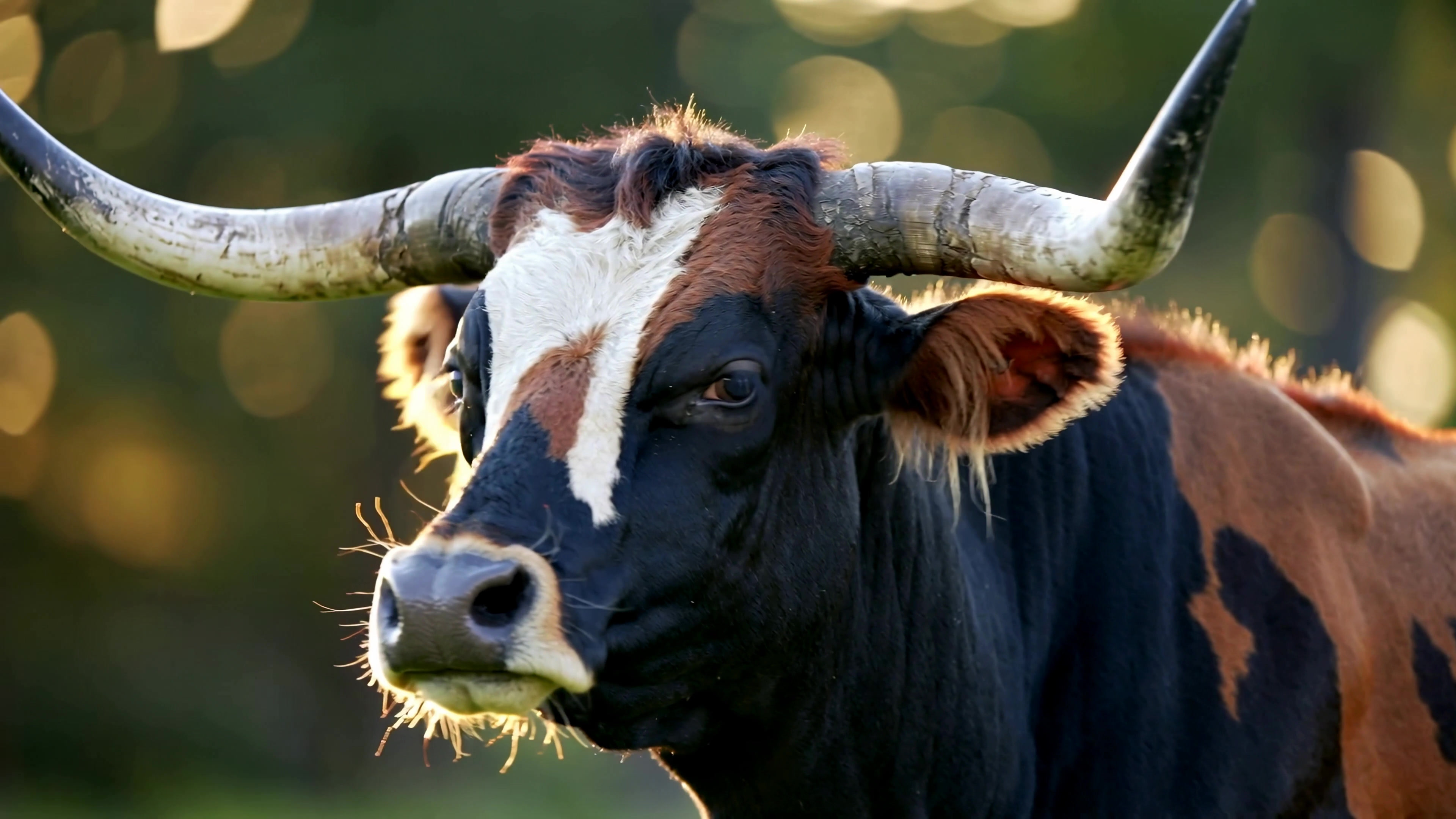 Cow standing in a field during daylight looking towards the camera with trees blurred in the background