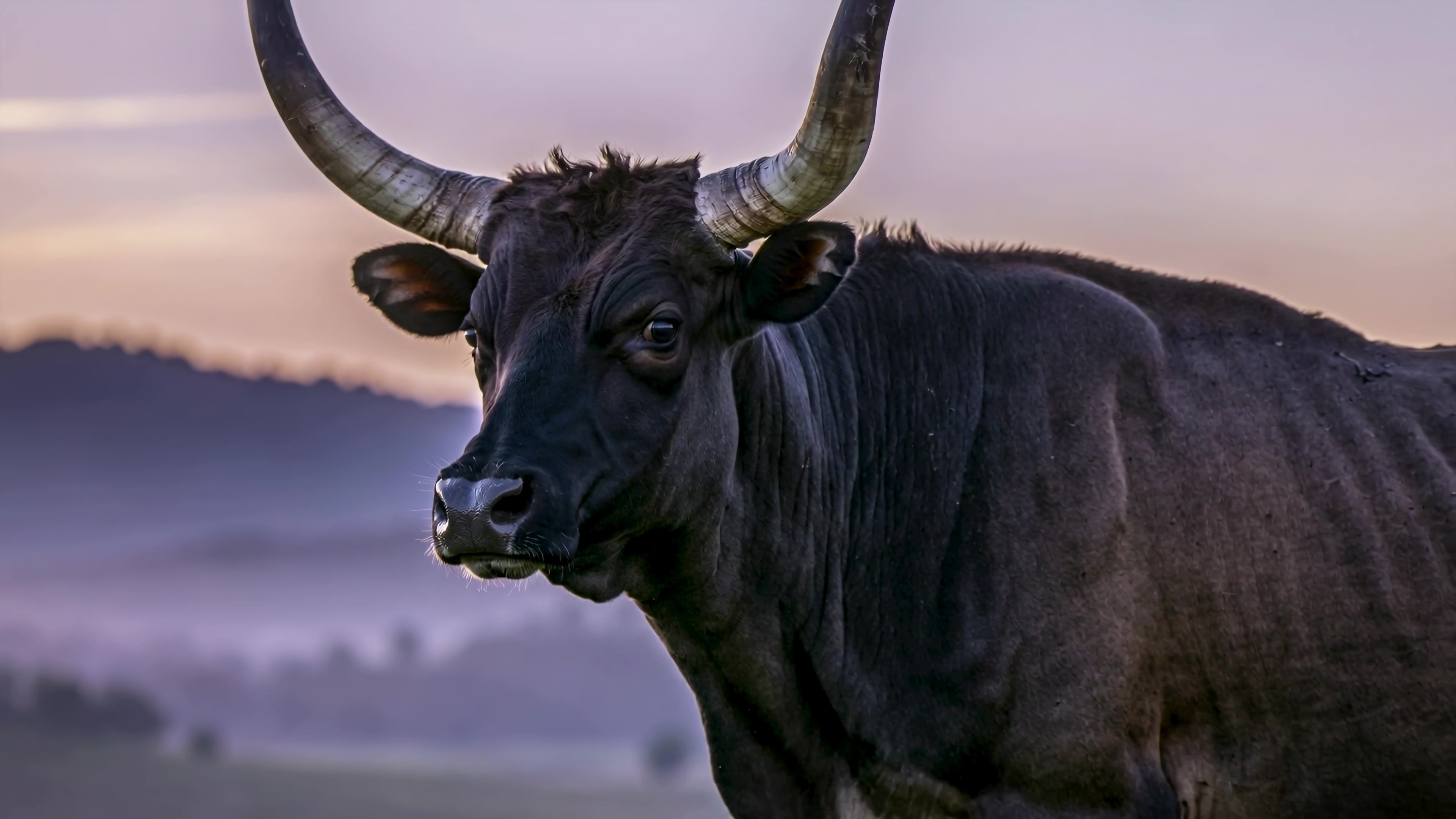 Close view of a black bull in a field during sunrise in a rural area with hills in the background