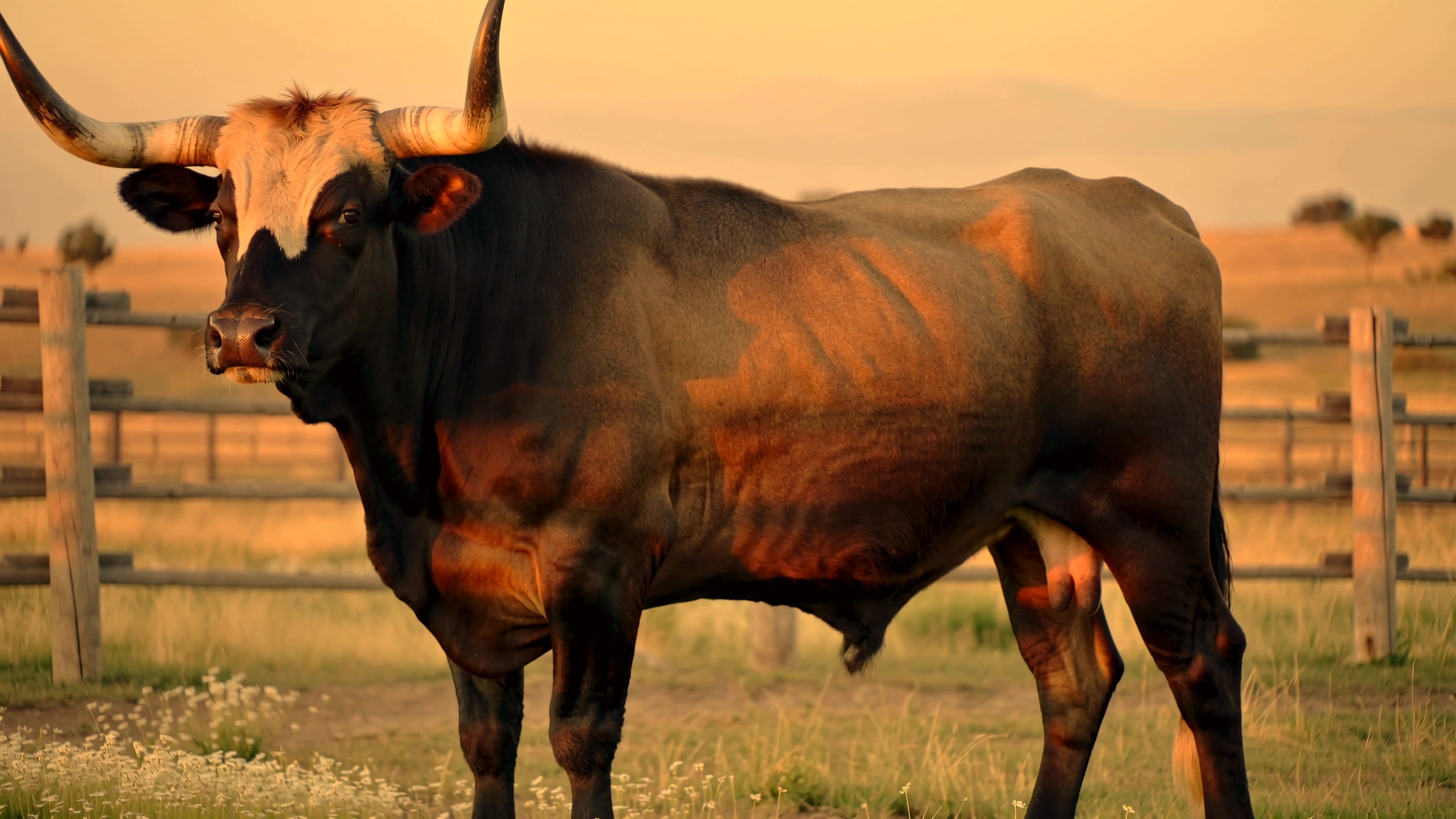 Large brown bull stands in field near wooden fence during golden hour in rural area