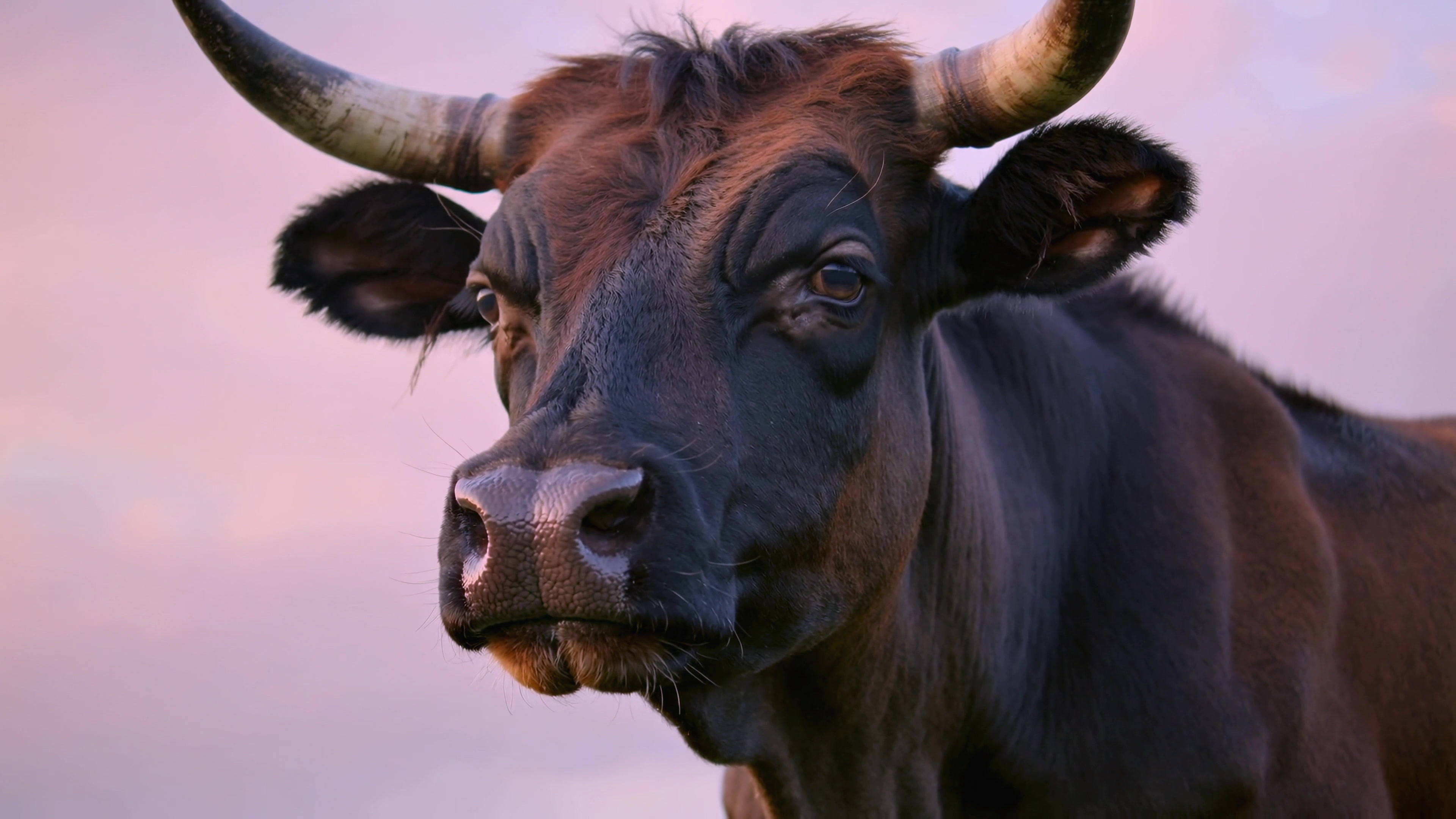 Cow standing on a grassy field during sunset with a pink sky in the background