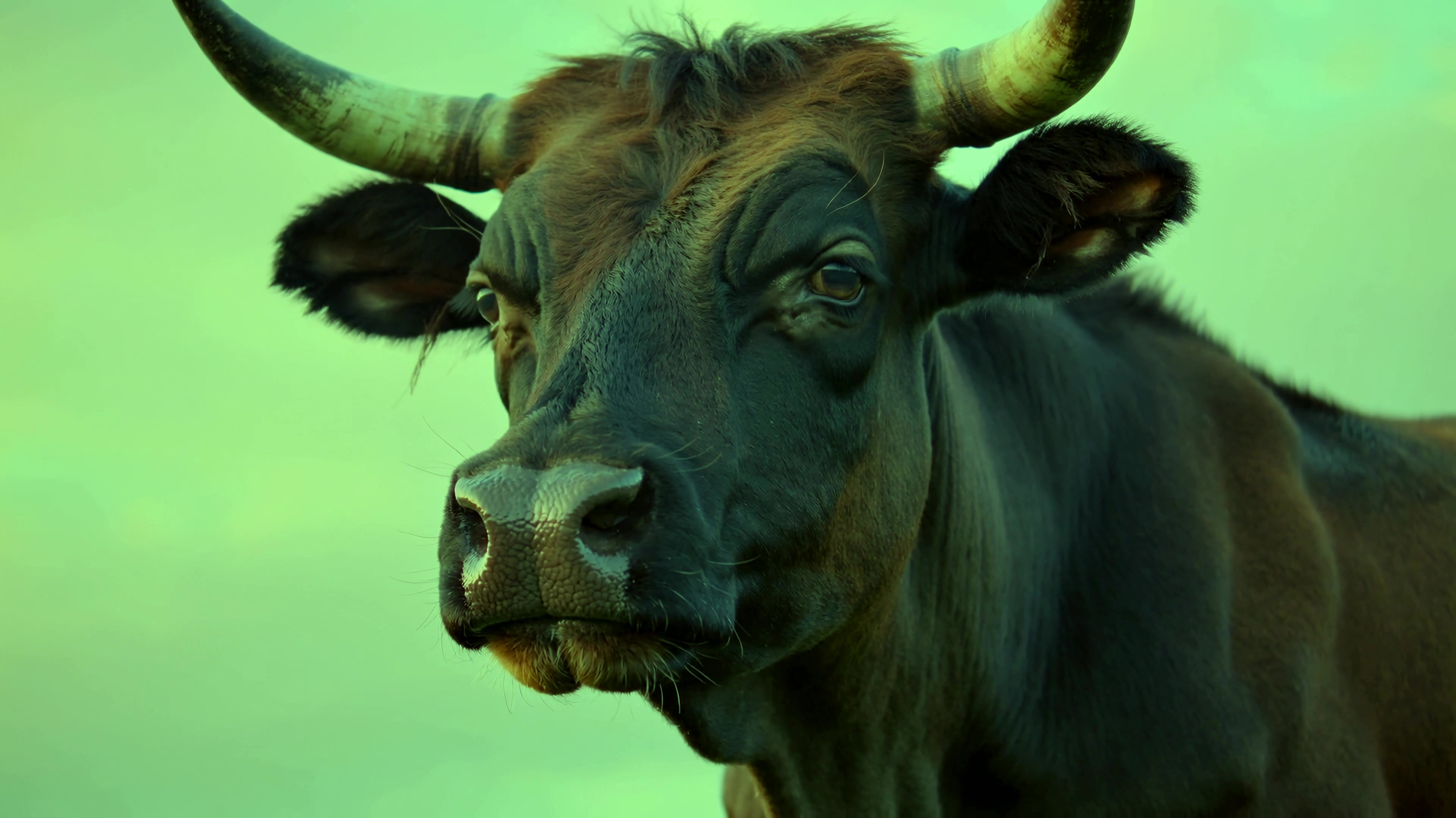 Bovine in a green landscape during the day captures attention with its strong presence and gaze