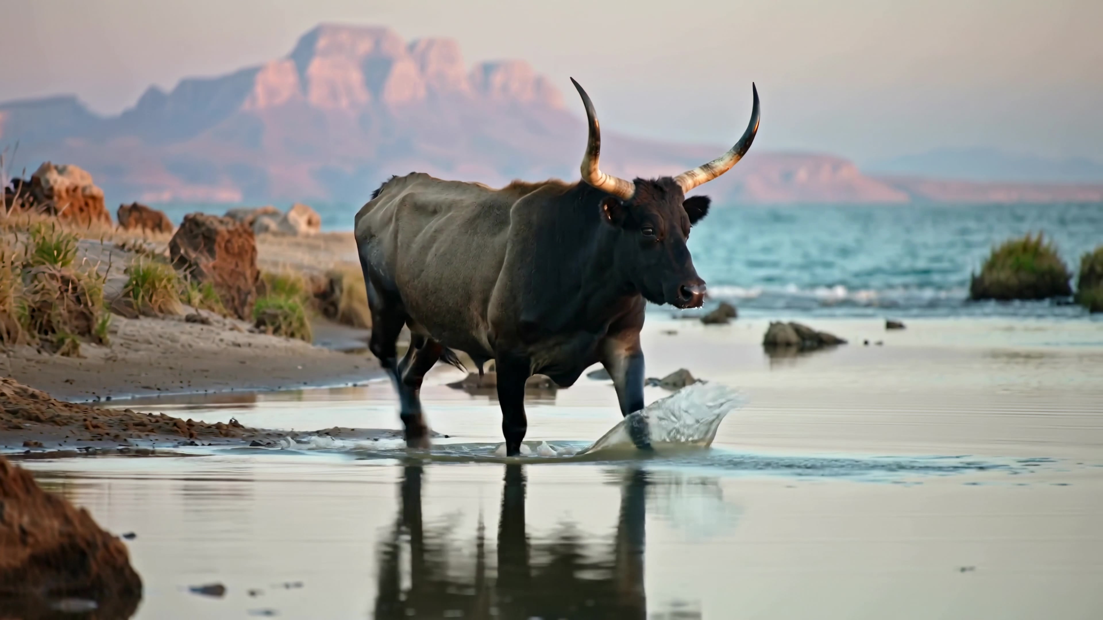 Large animal walks along the shore of a lake with mountains in the background during daylight hours and calm water