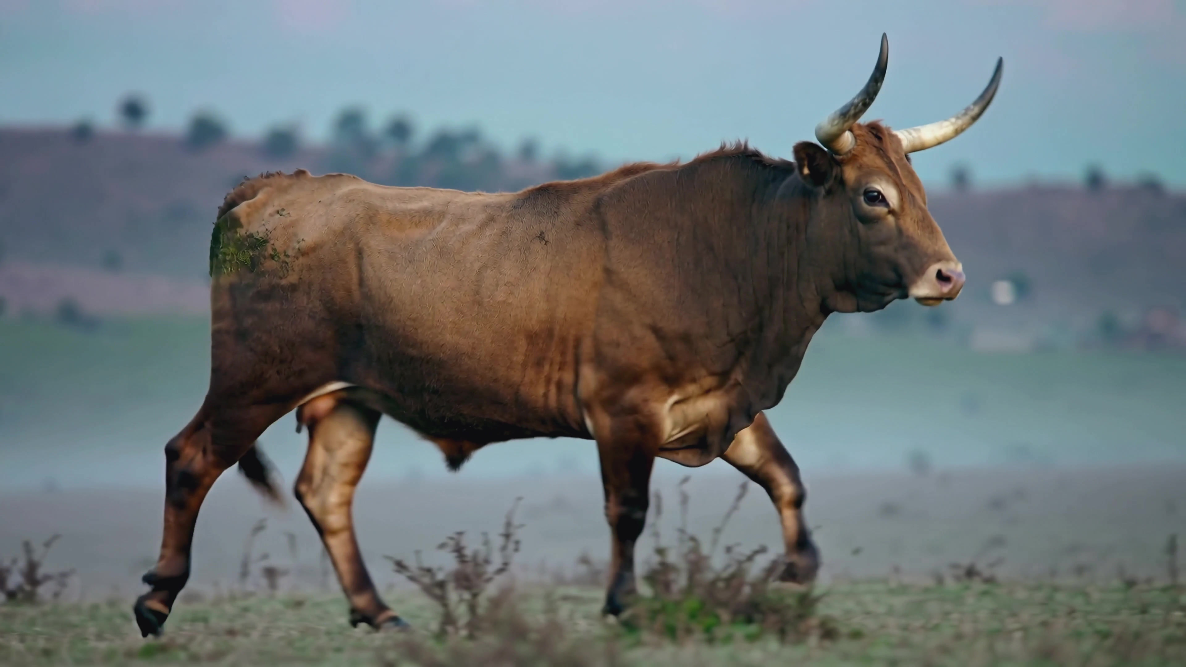 Cow walks on a grassy field with hills in the background during the day in a farm setting