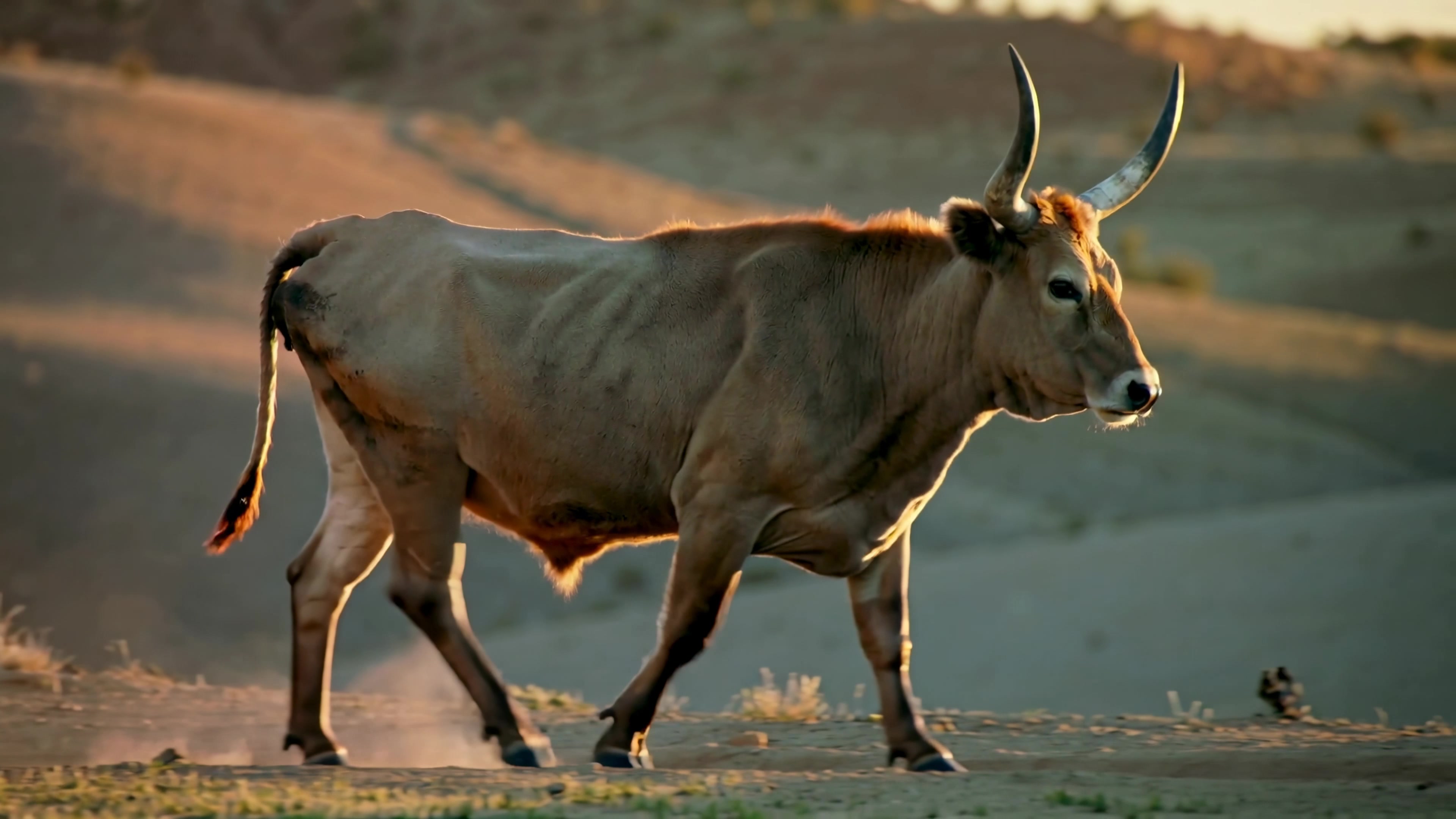 Old cow walks slowly across a dry landscape under warm sunlight during late afternoon hours in a rural area