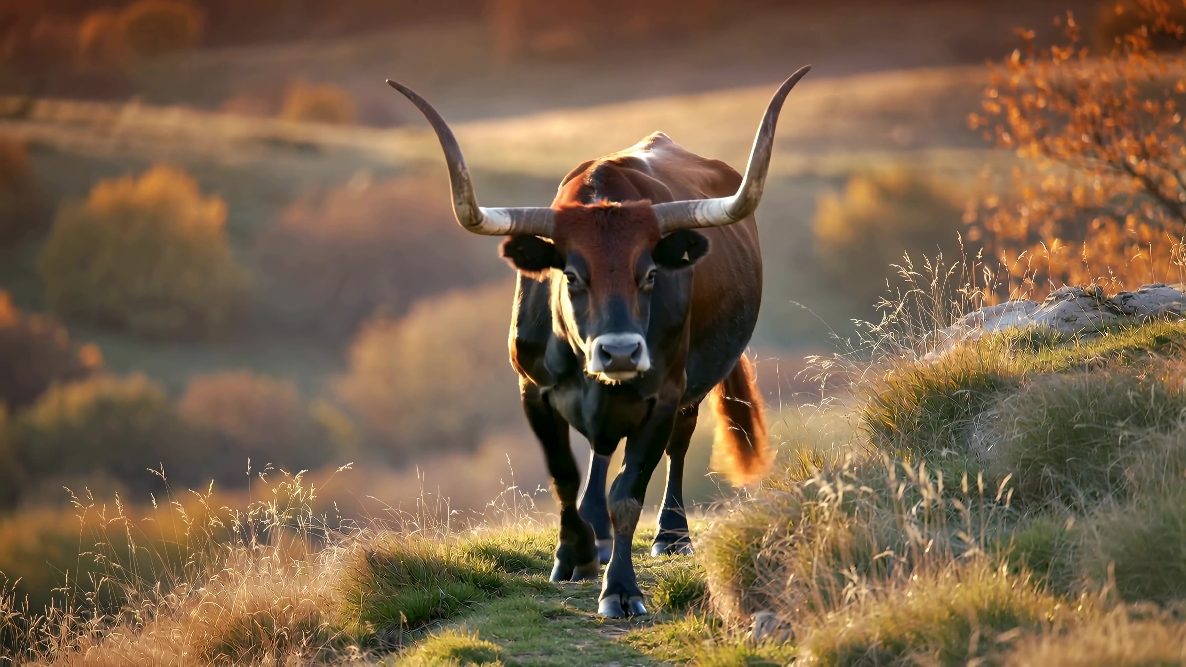 Cow walks along a path in a field during sunset with trees in the background and warm colors filling the scene