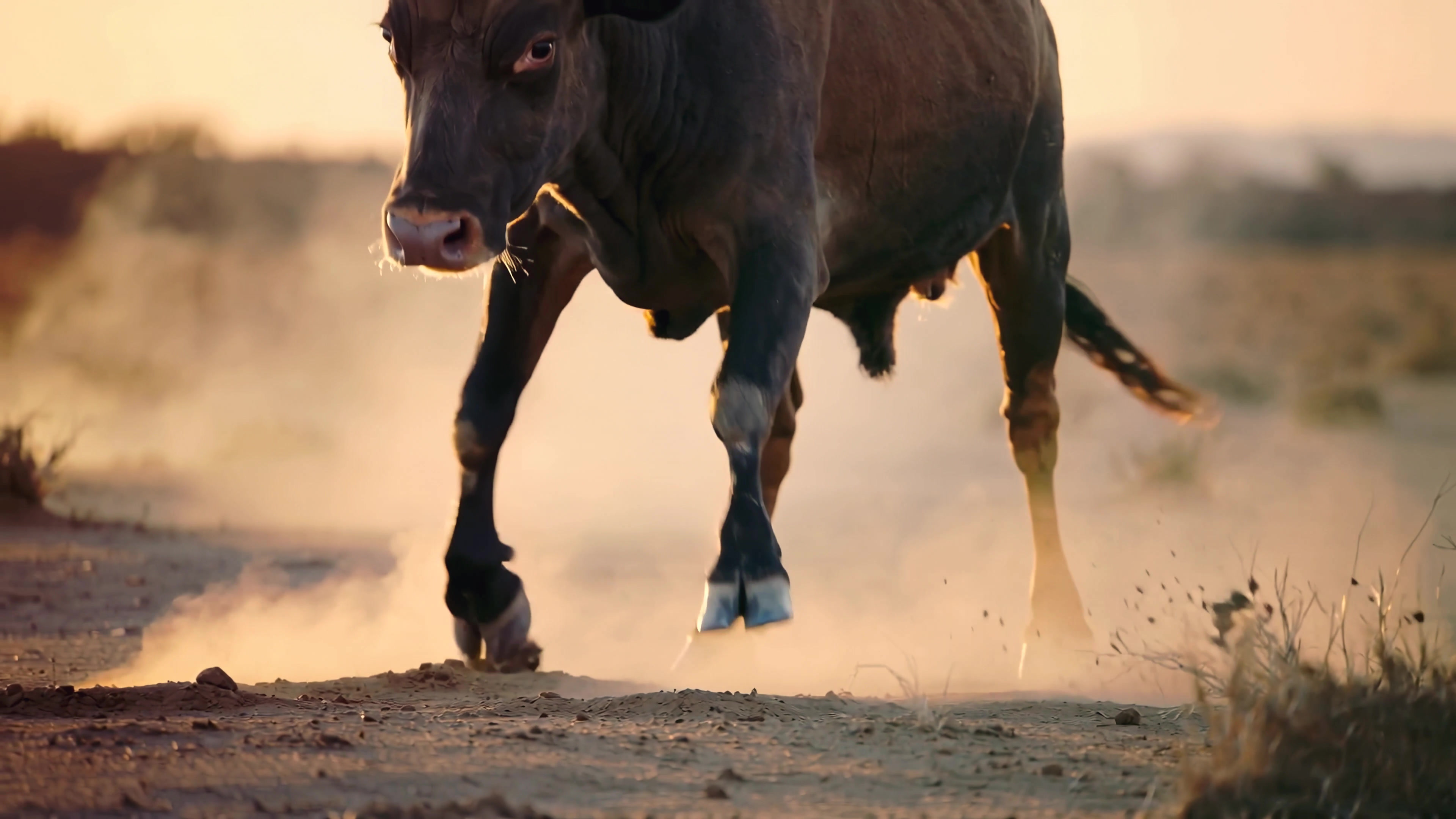 Bull charges down a dirt road at sunset in a rural area, creating dust clouds