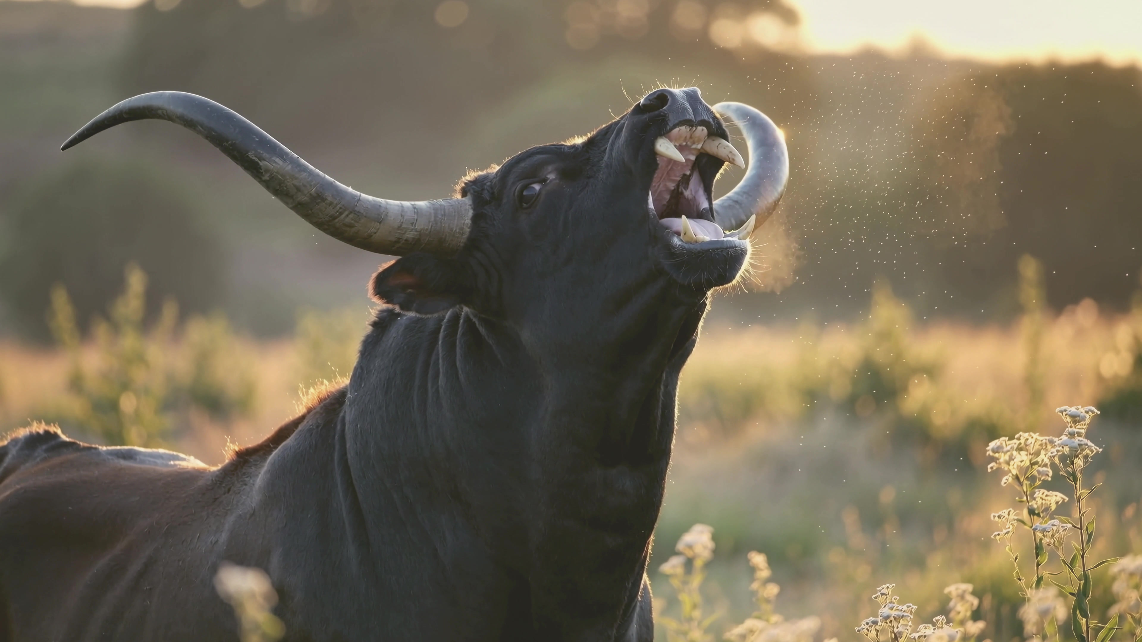 Cow stands in field and calls out during golden hour near hills and trees