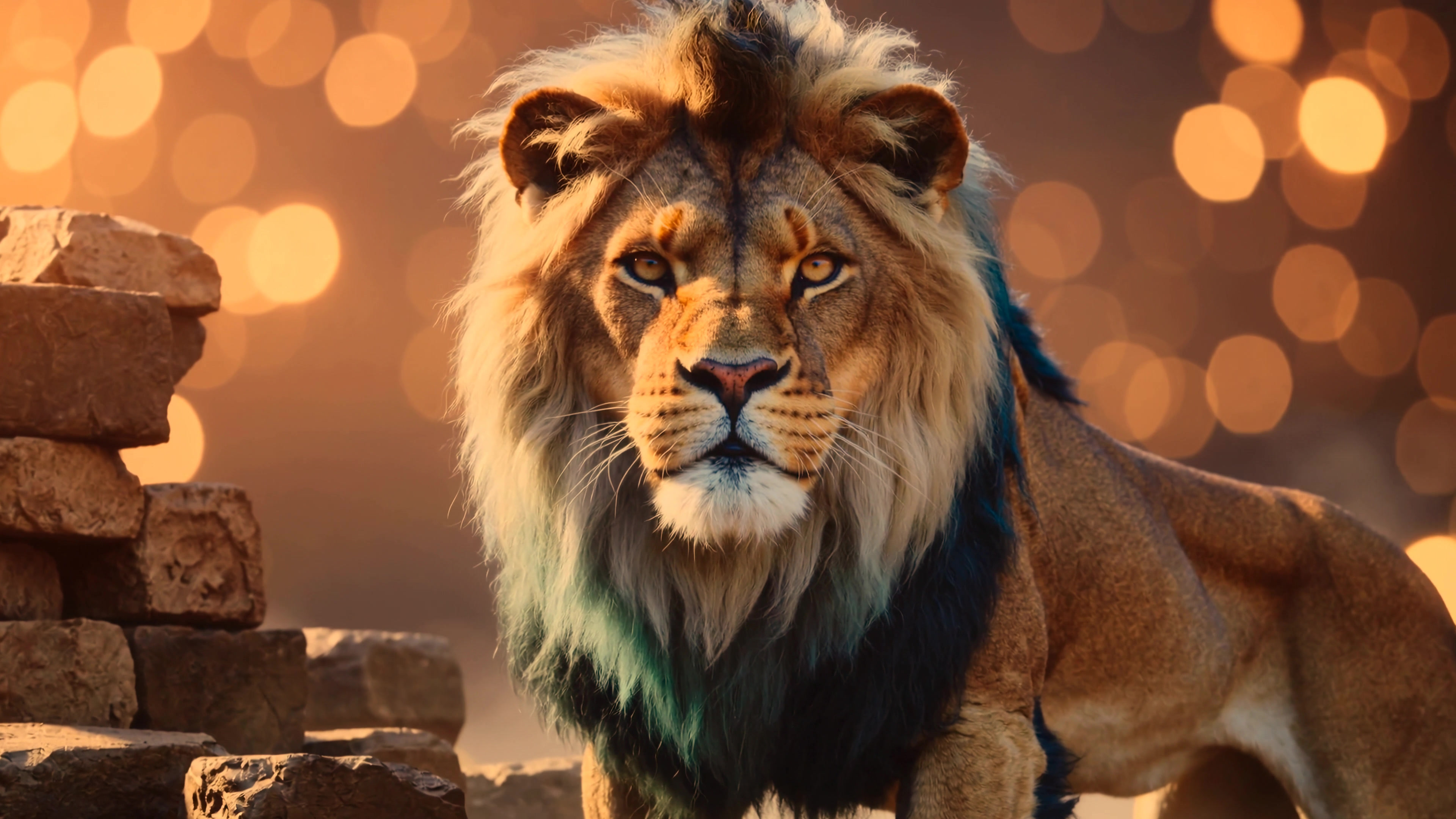 Lion walks confidently in a warm setting while surrounded by golden light and rocks