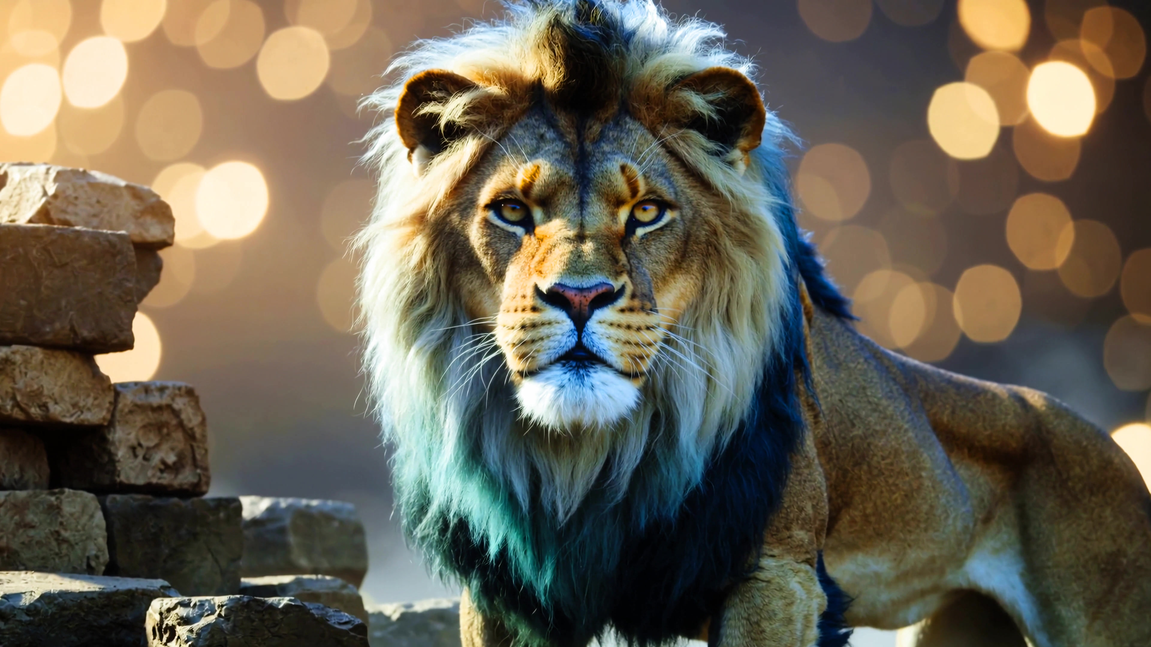 Wild lion standing near rocks with a bright background near sunset in a natural habitat