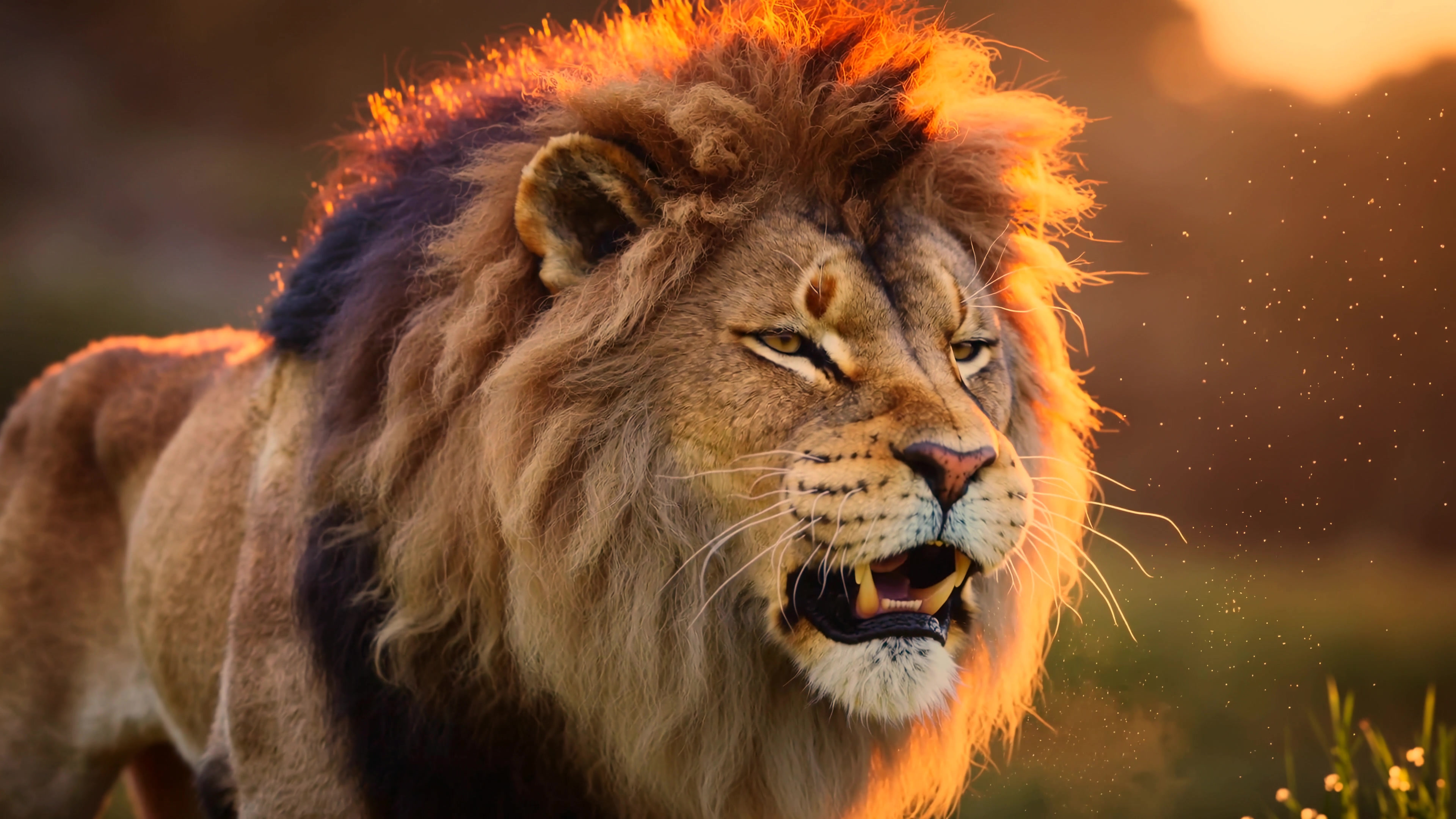 Lion walks in grass during sunset in a natural environment showing its mane and features clearly