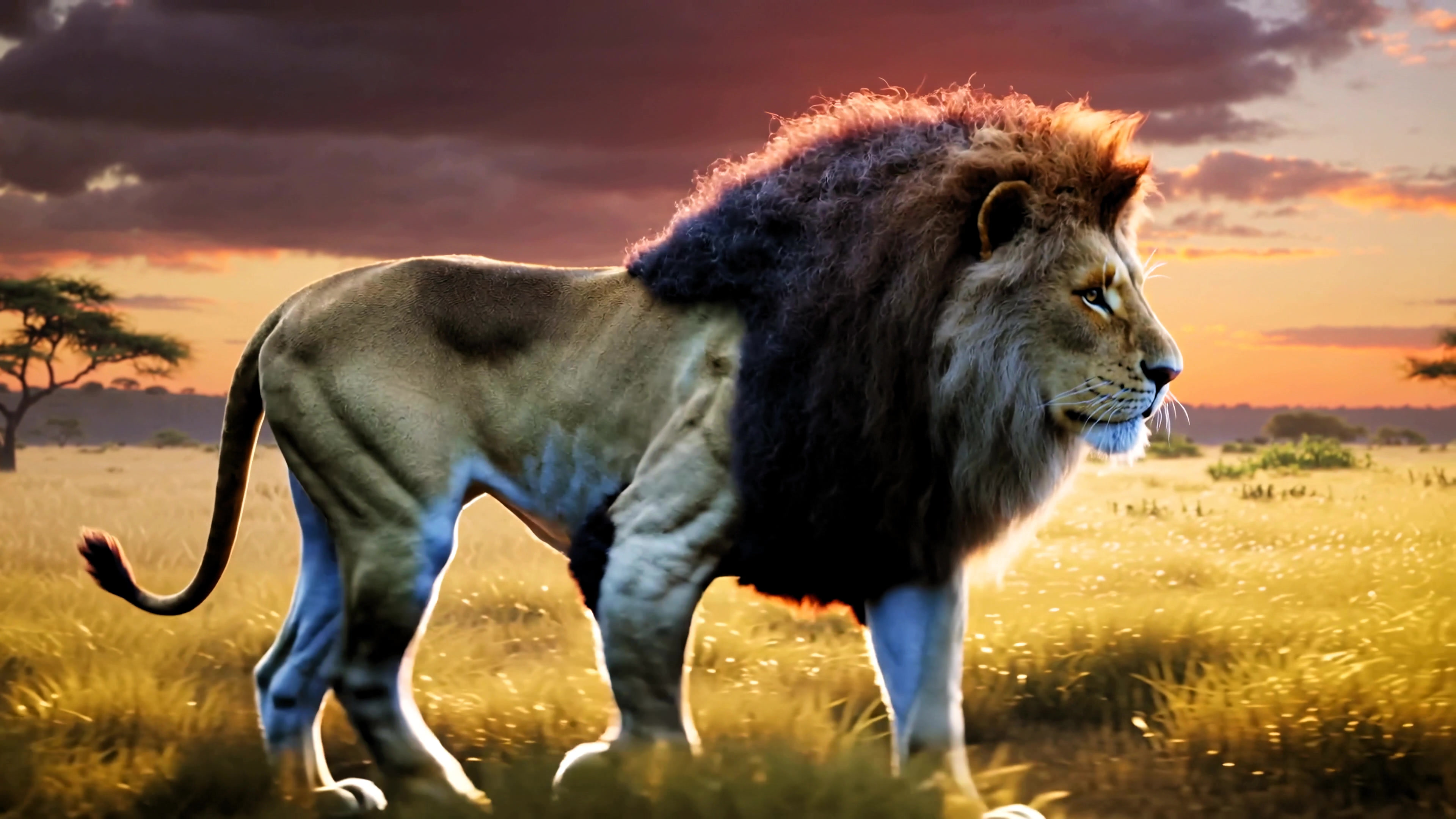 Lion walks through grassland at sunset in an African savanna