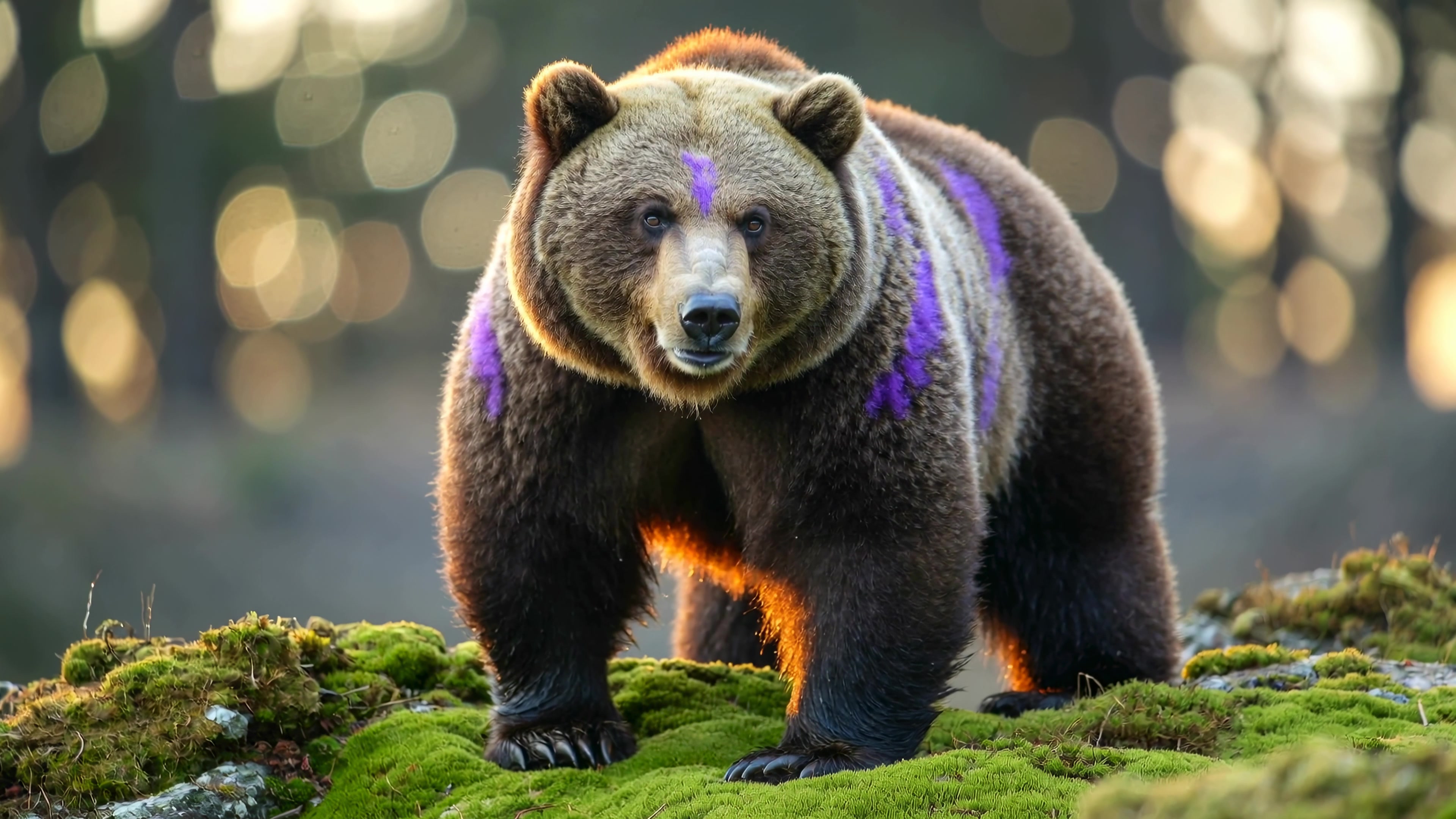 Brown bear walks on mossy ground while sunlight filters through trees in the forest