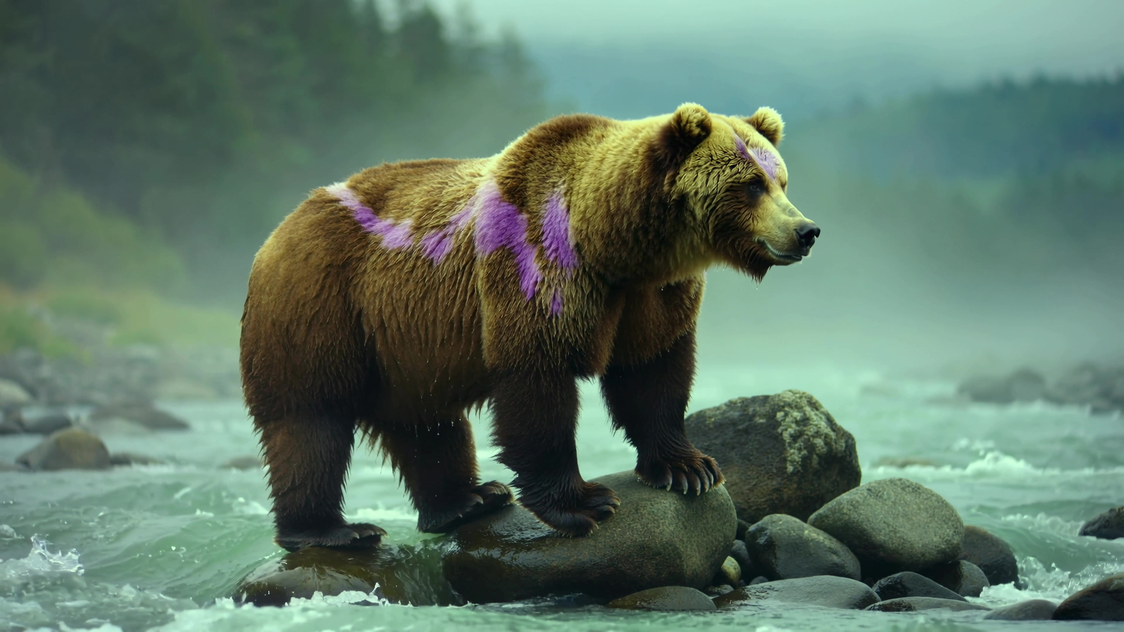 Bear standing on rock in river with purple markings during cloudy daylight in a forested area