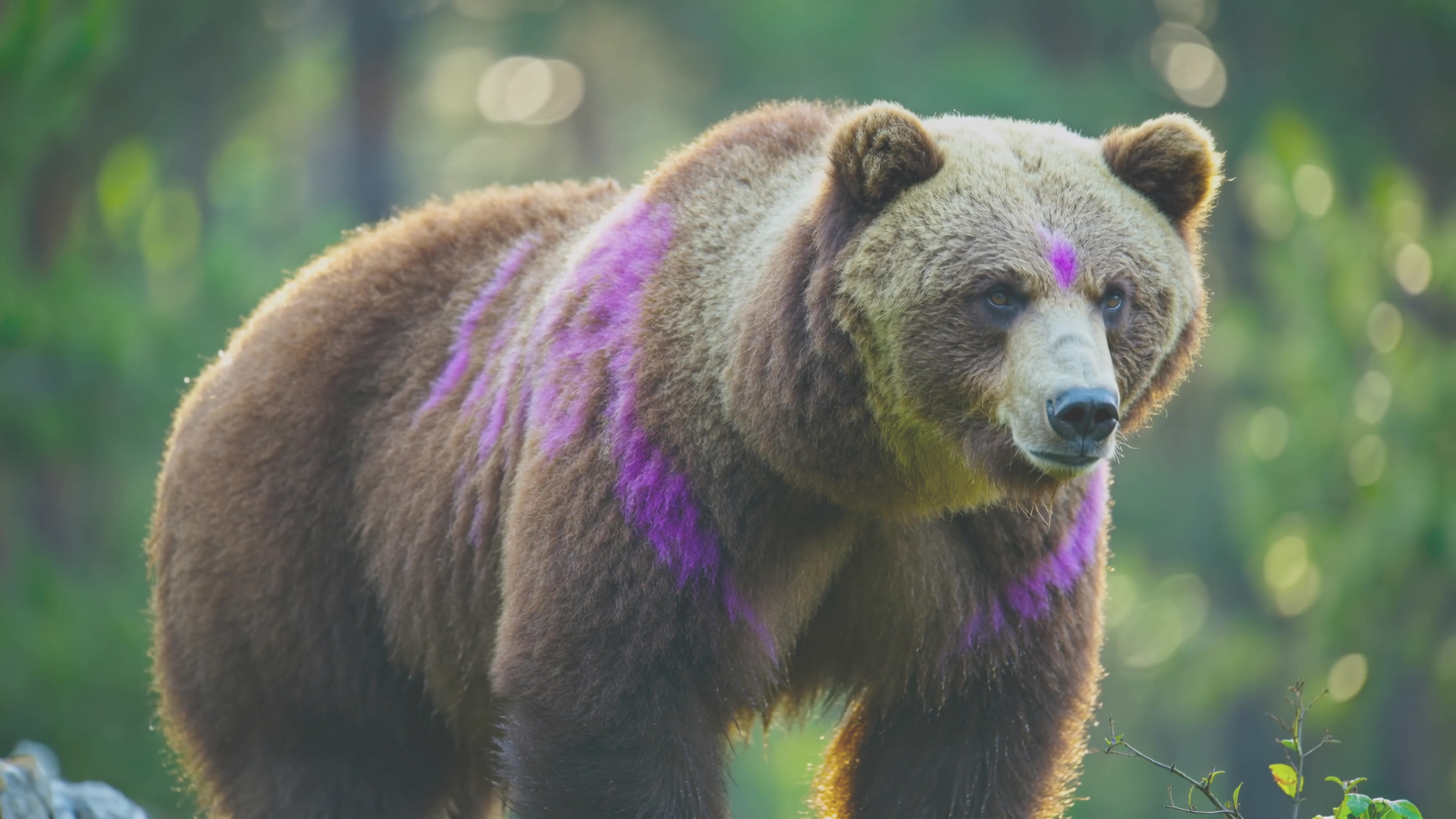 Bear with purple markings walks through forest during daylight near trees and shrubs in a natural setting, capturing the beauty of wildlife