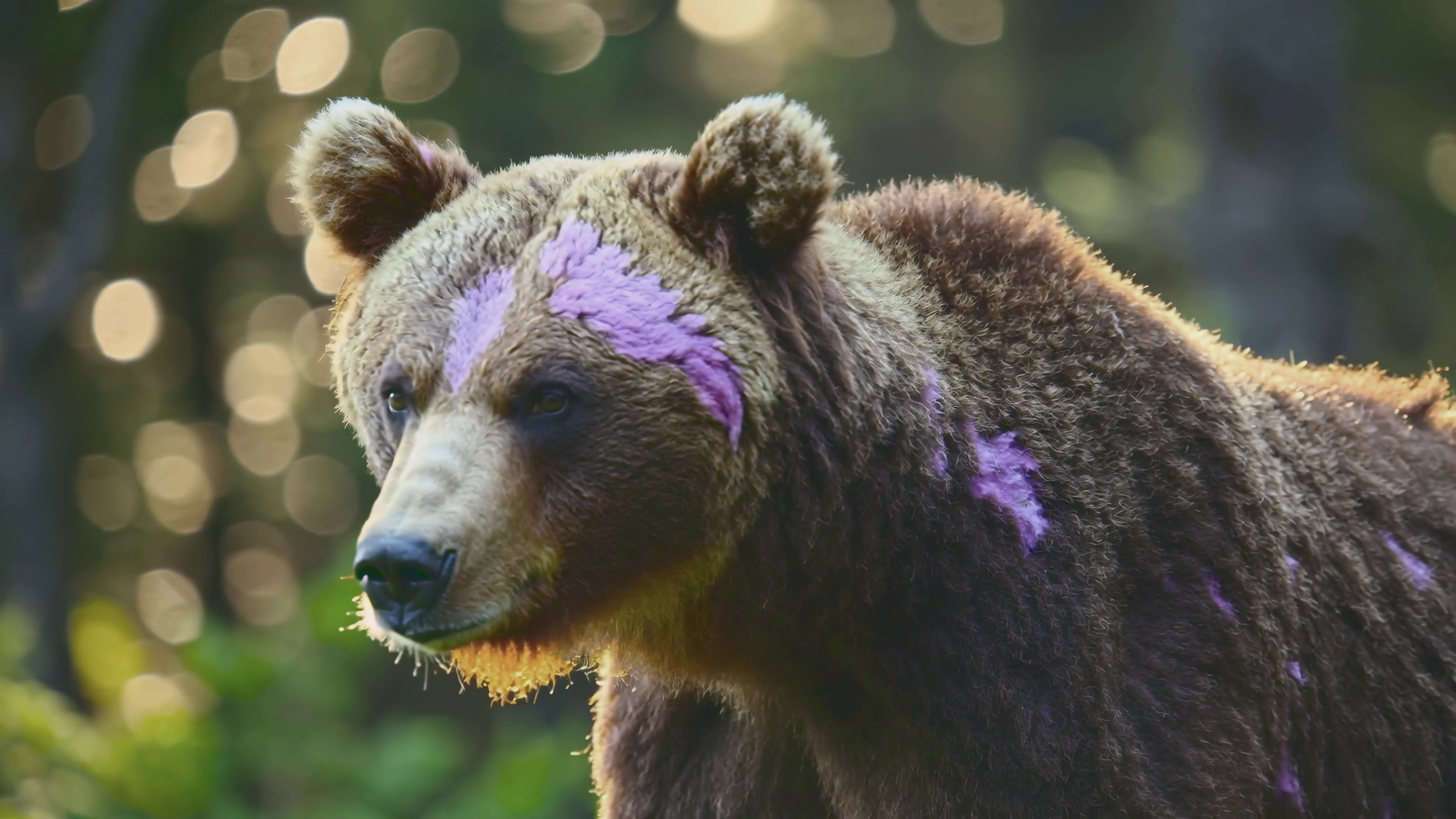 Wild bear in forest with colorful markings showcasing natures diversity and animal behavior in bright light