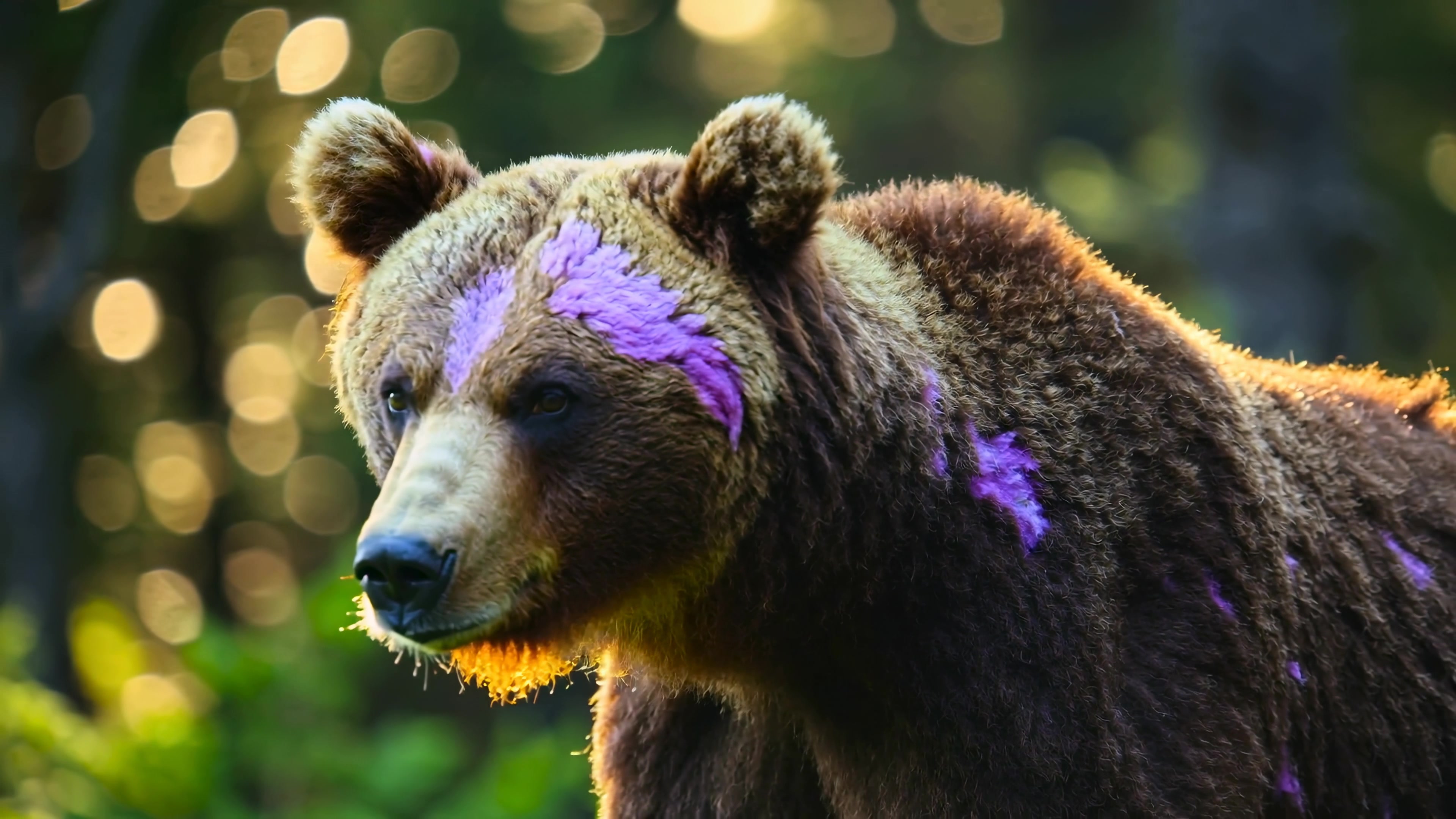 Bear walks in the forest with bright purple markings on a sunny day