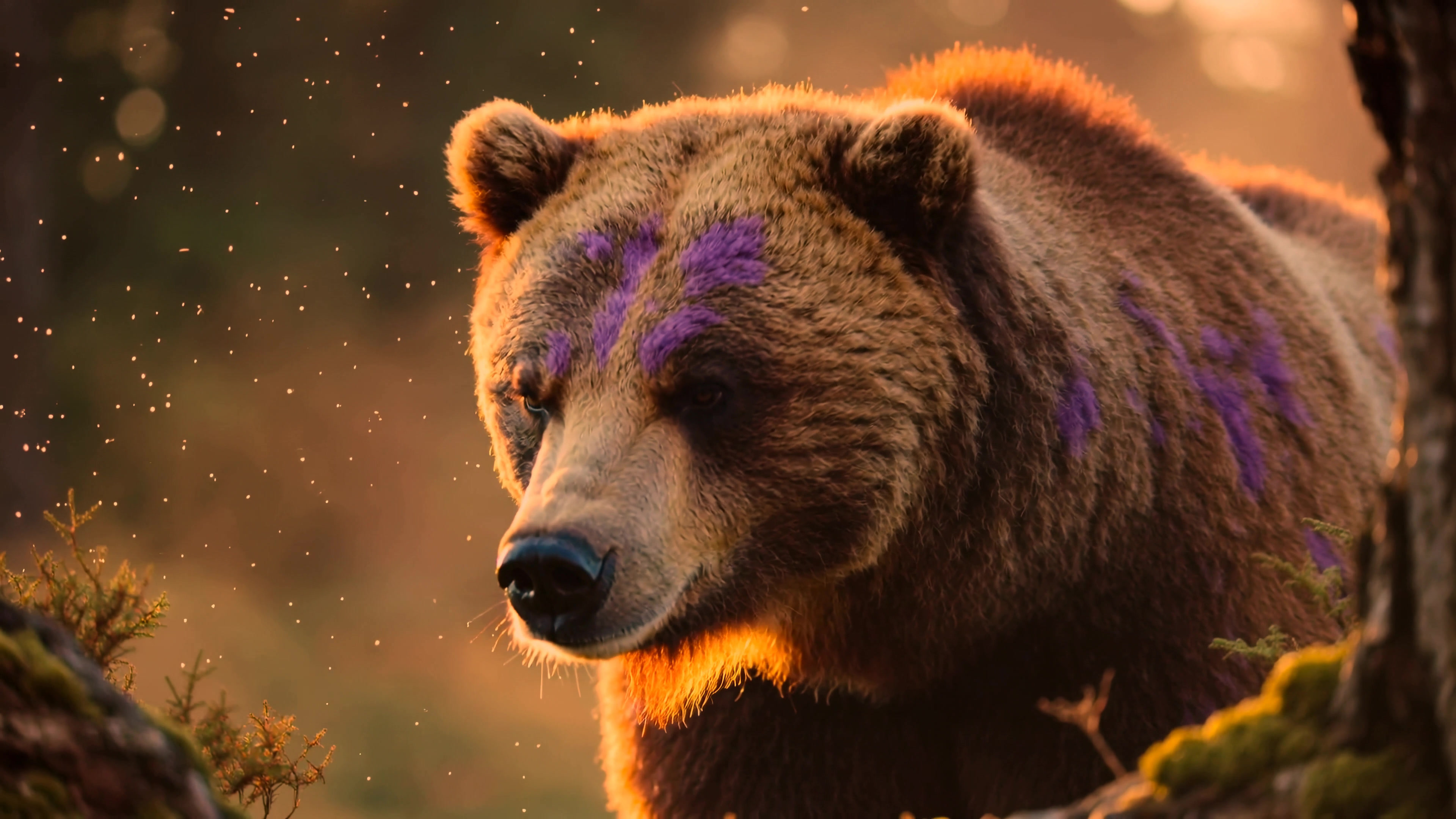 Grizzly bear in natural habitat during golden hour with paint markings on its fur