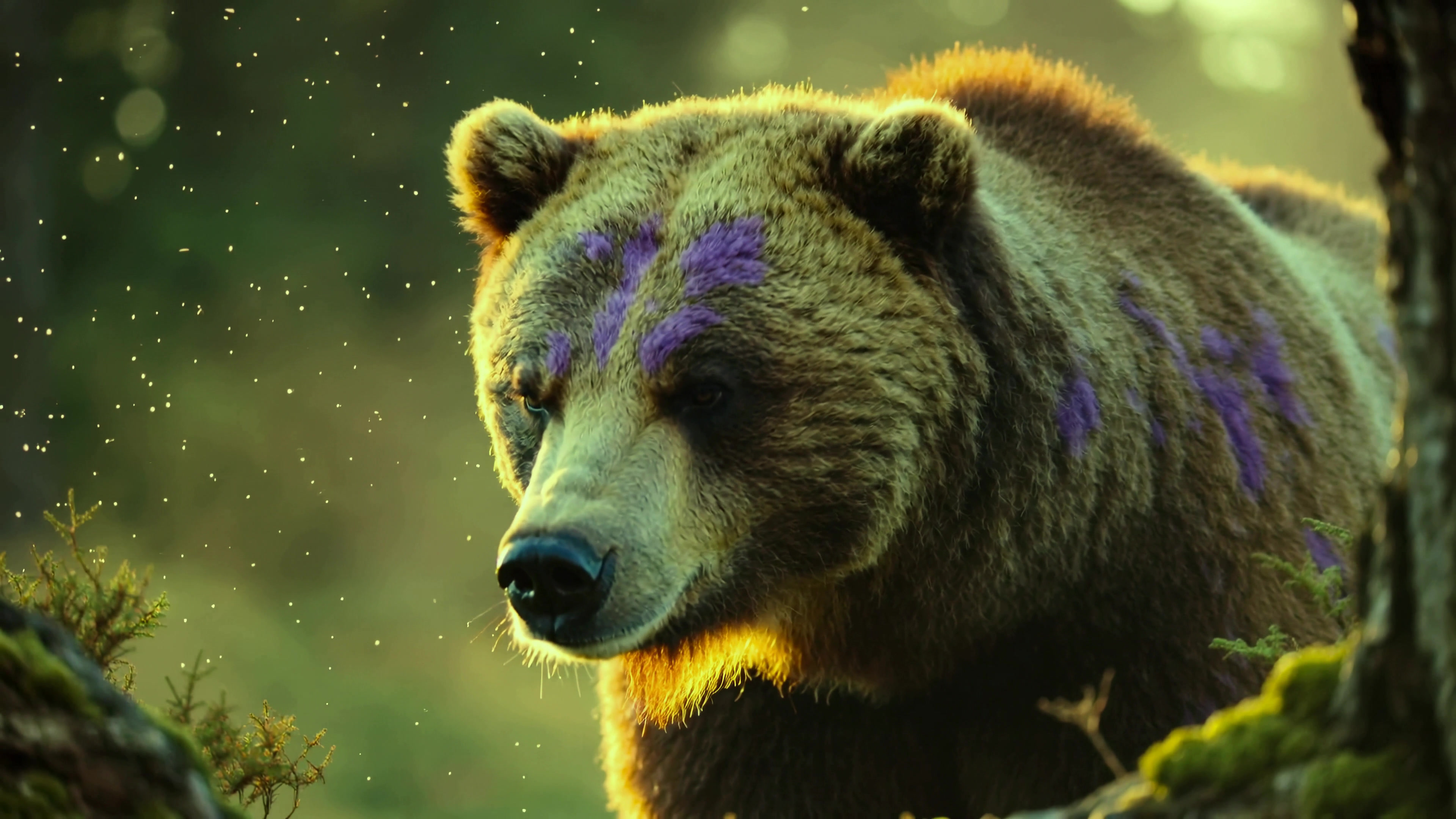 Grizzly bear with purple markings walking through forest during golden hour