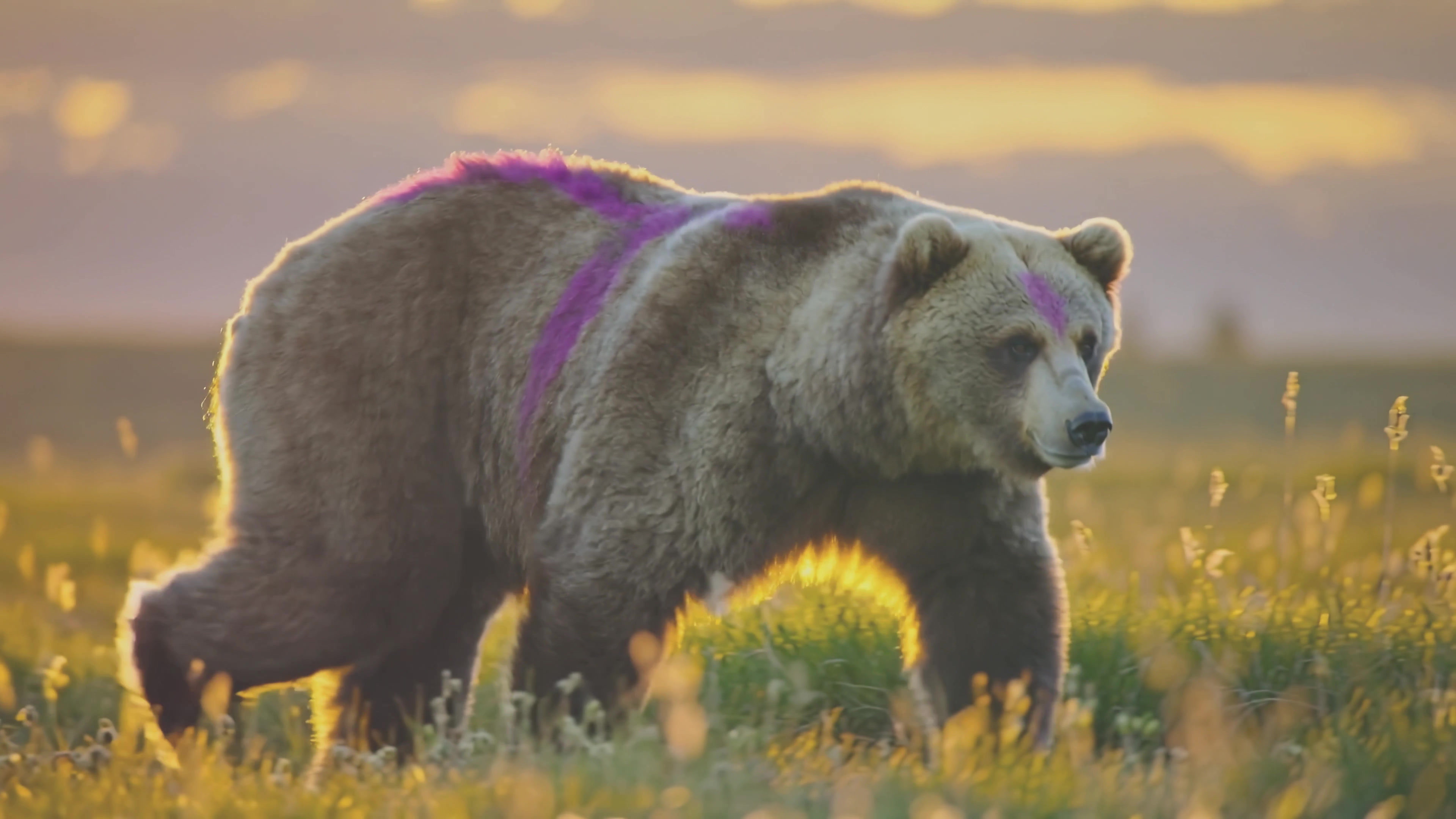 Bear walking in a field at sunset with colorful markings on its fur during evening light