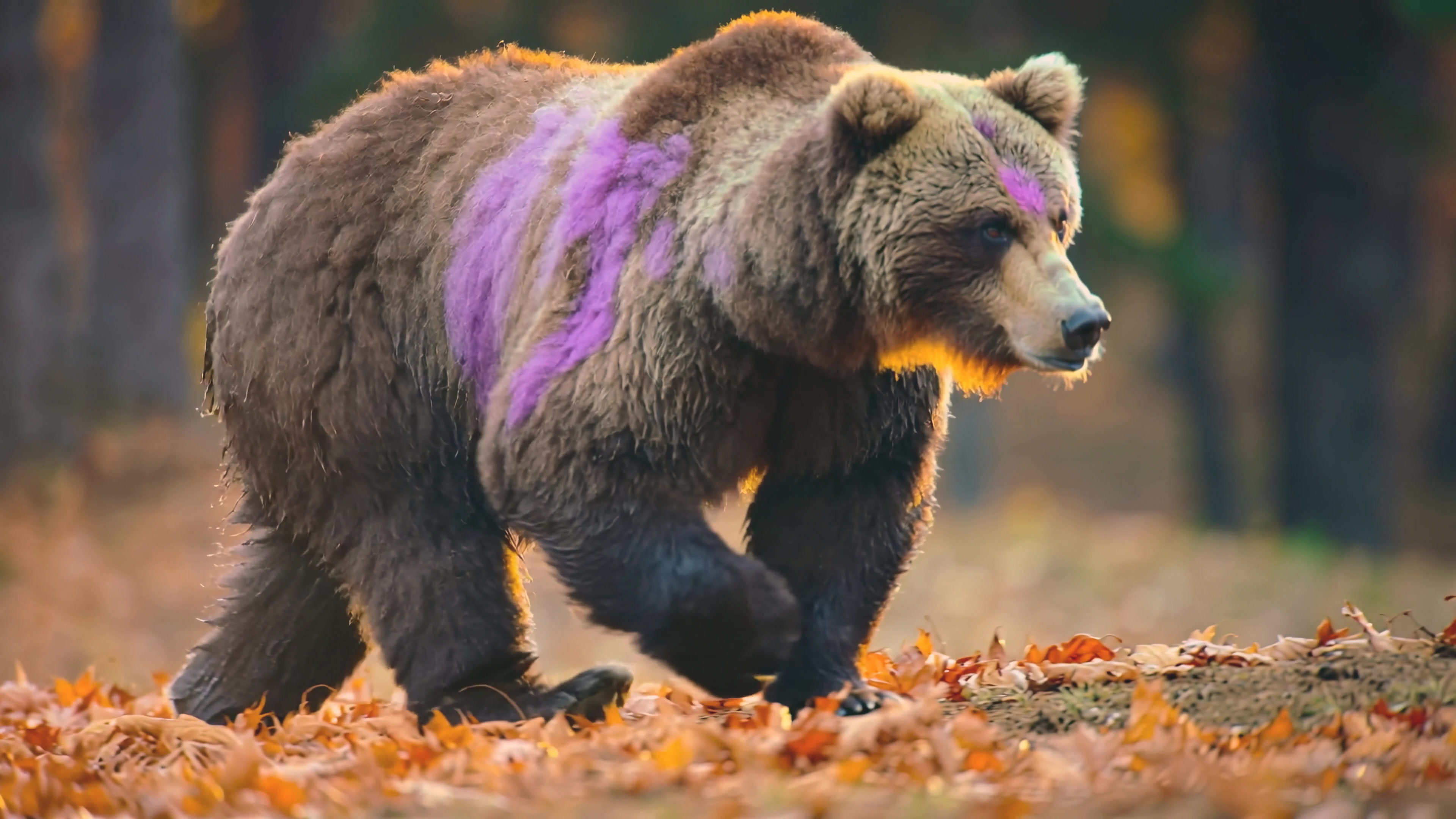 Bear walks through autumn leaves in a forest with purple markings on its fur during daylight hours
