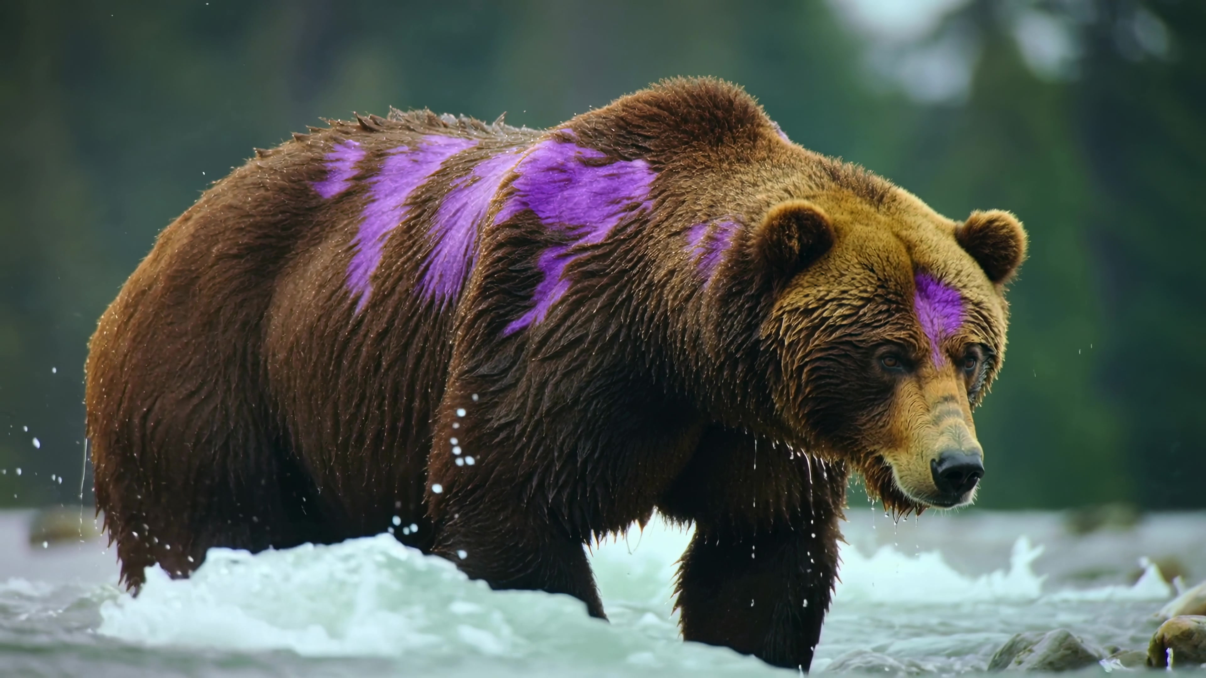 Bear walks through water with purple markings in a natural setting near a forest in the afternoon