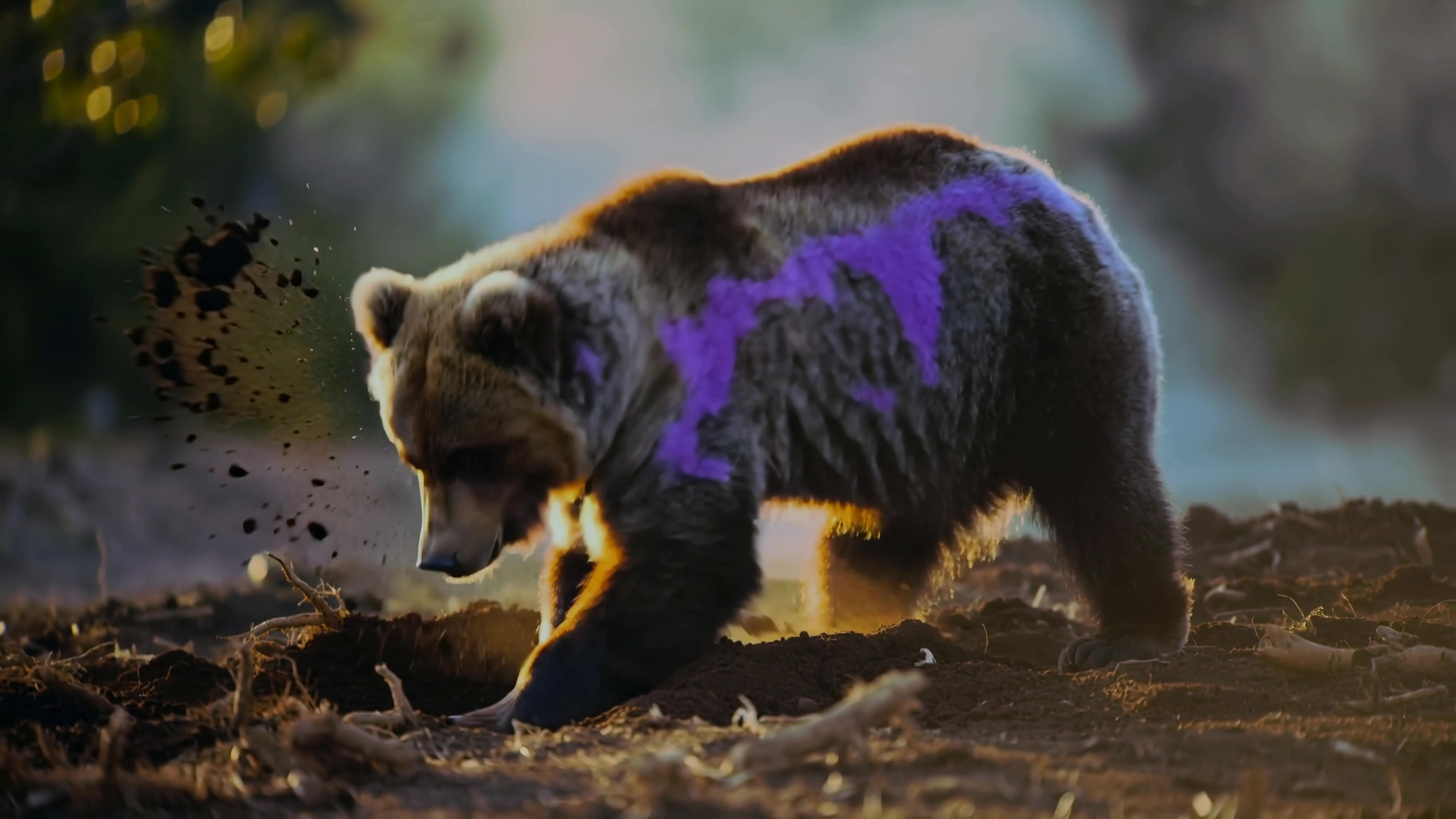 Brown bear forages in a forested area during early morning light