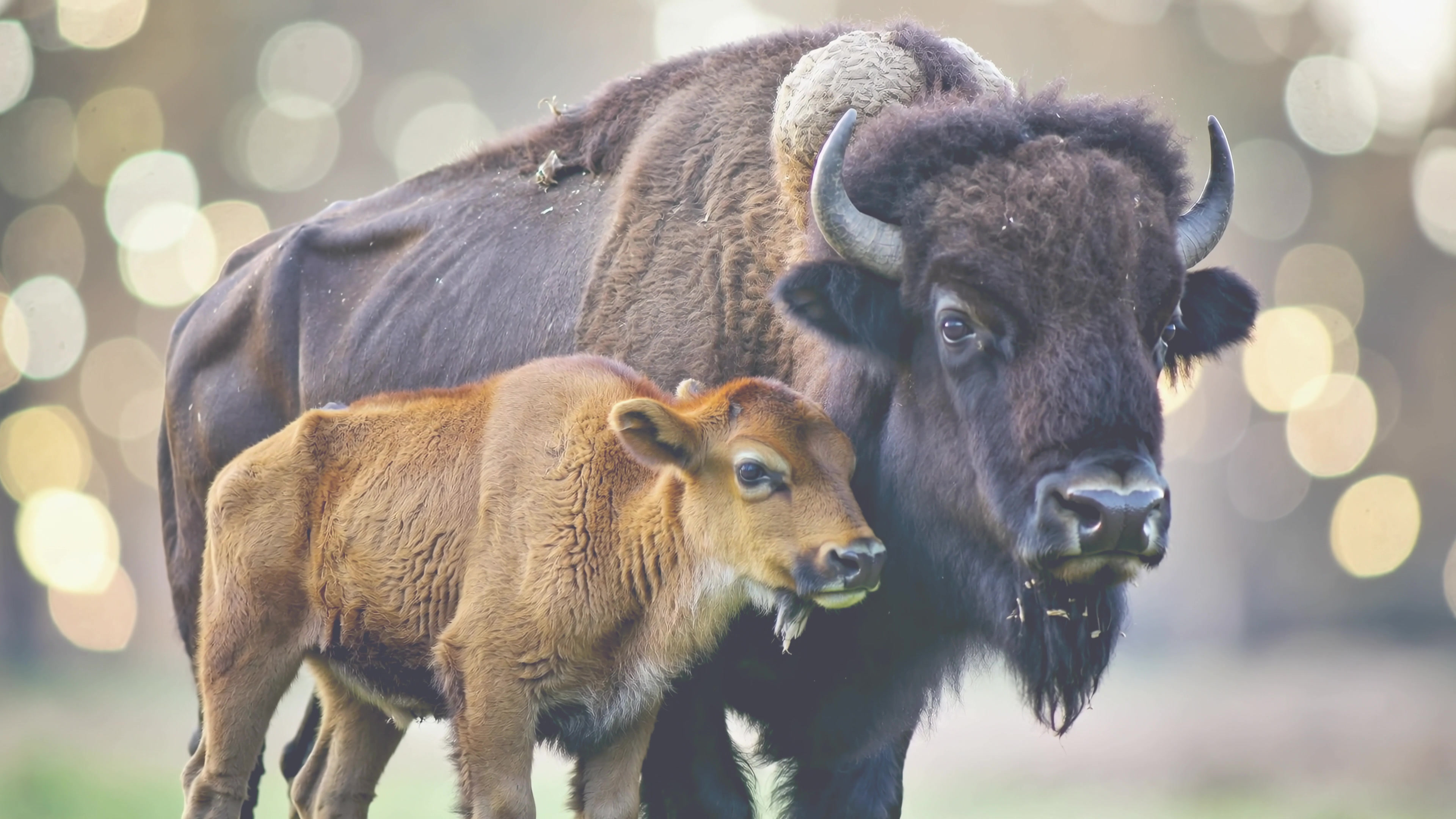 Bison and calf grazing in a field during early morning hours with a soft light in the background