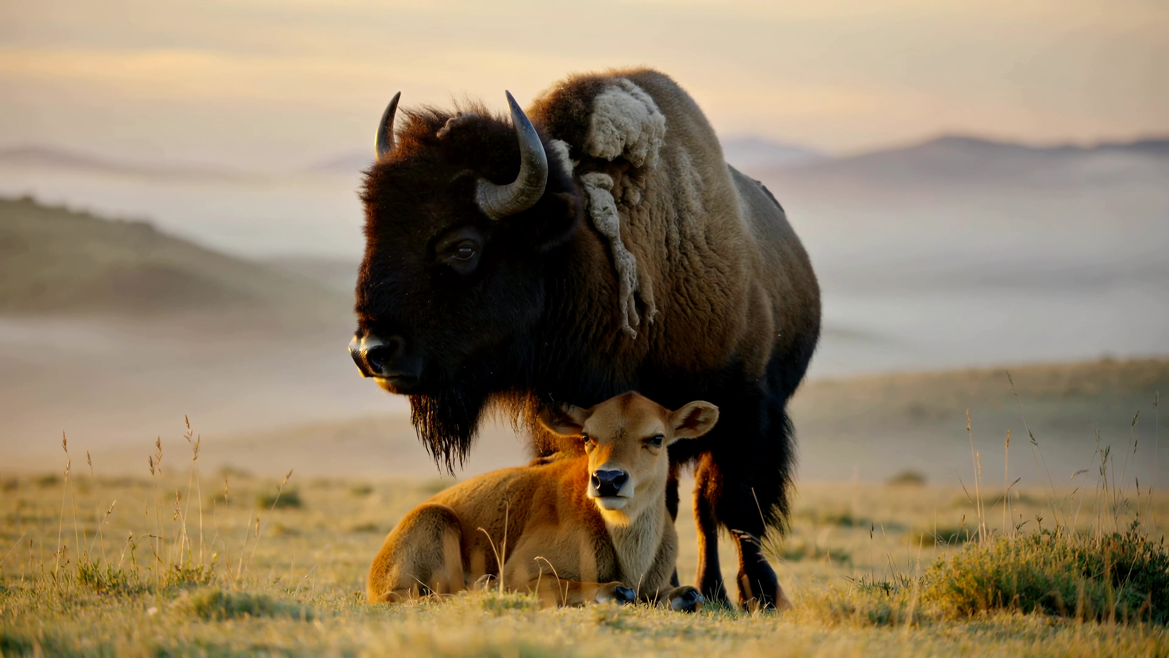 Bison and calf rest together in the morning light on a grassy plain at dawn