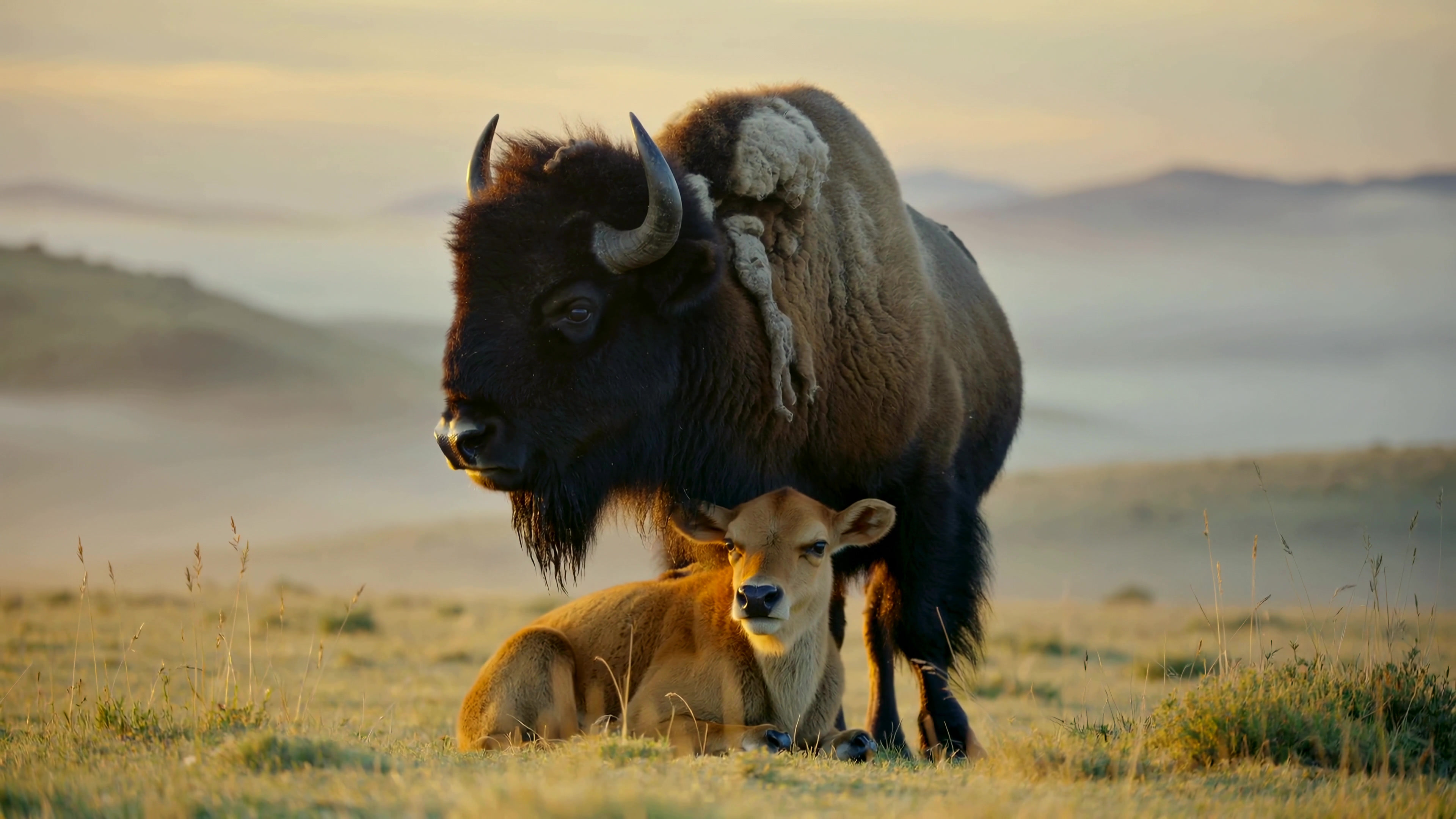 Bison and calf standing together during sunset in a grassy field with hills in the background