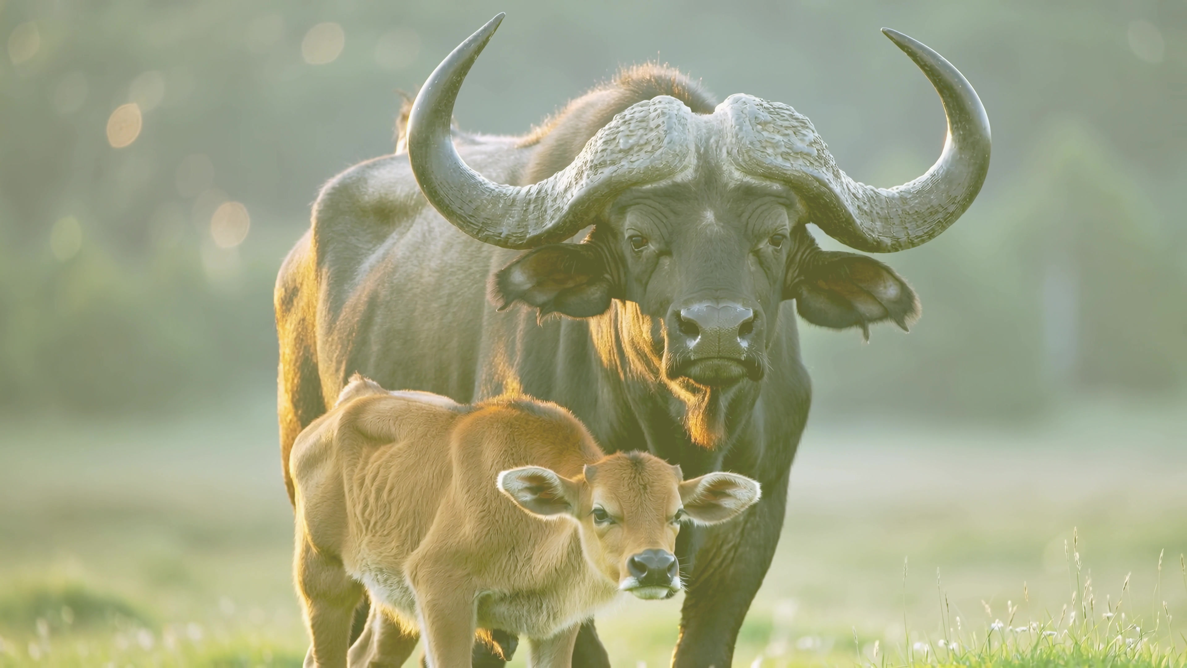 Buffalo and calf walking together in the grasslands during the early morning light near a riverbank