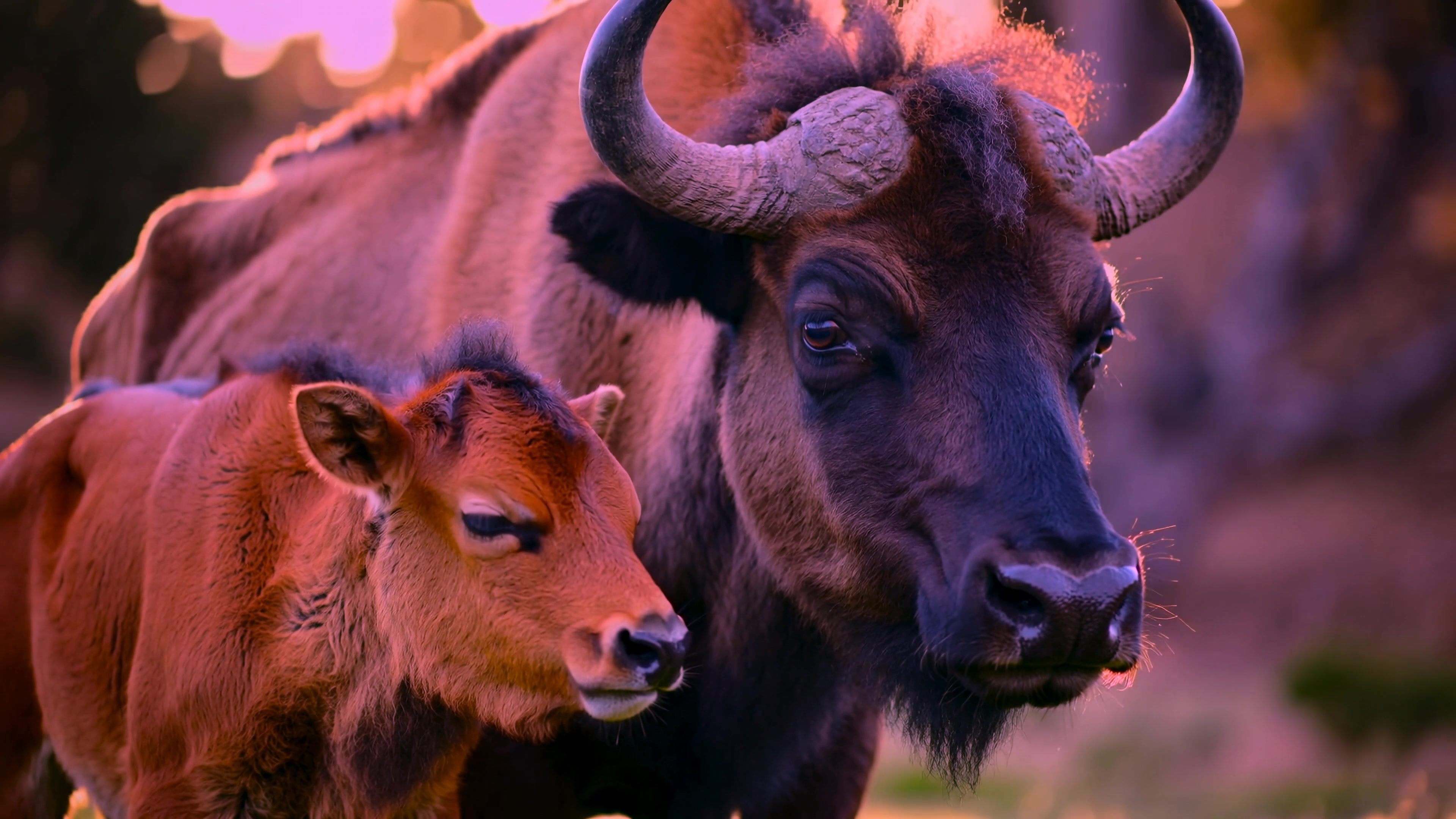 Bison and calf roaming in the grasslands during sunset near a forested area