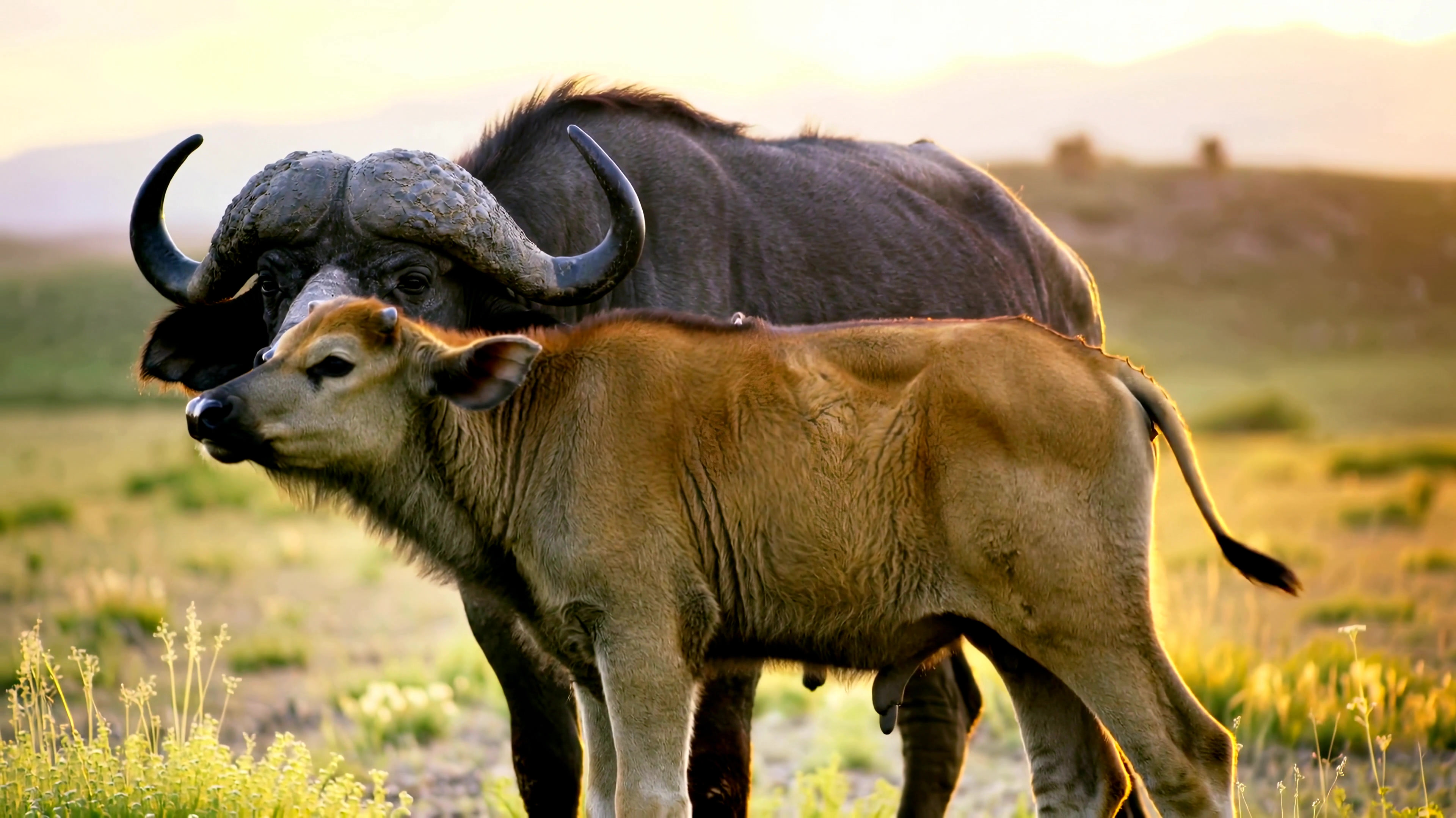 Buffalo and calf in the sunset on a grassland during evening hours in a natural setting