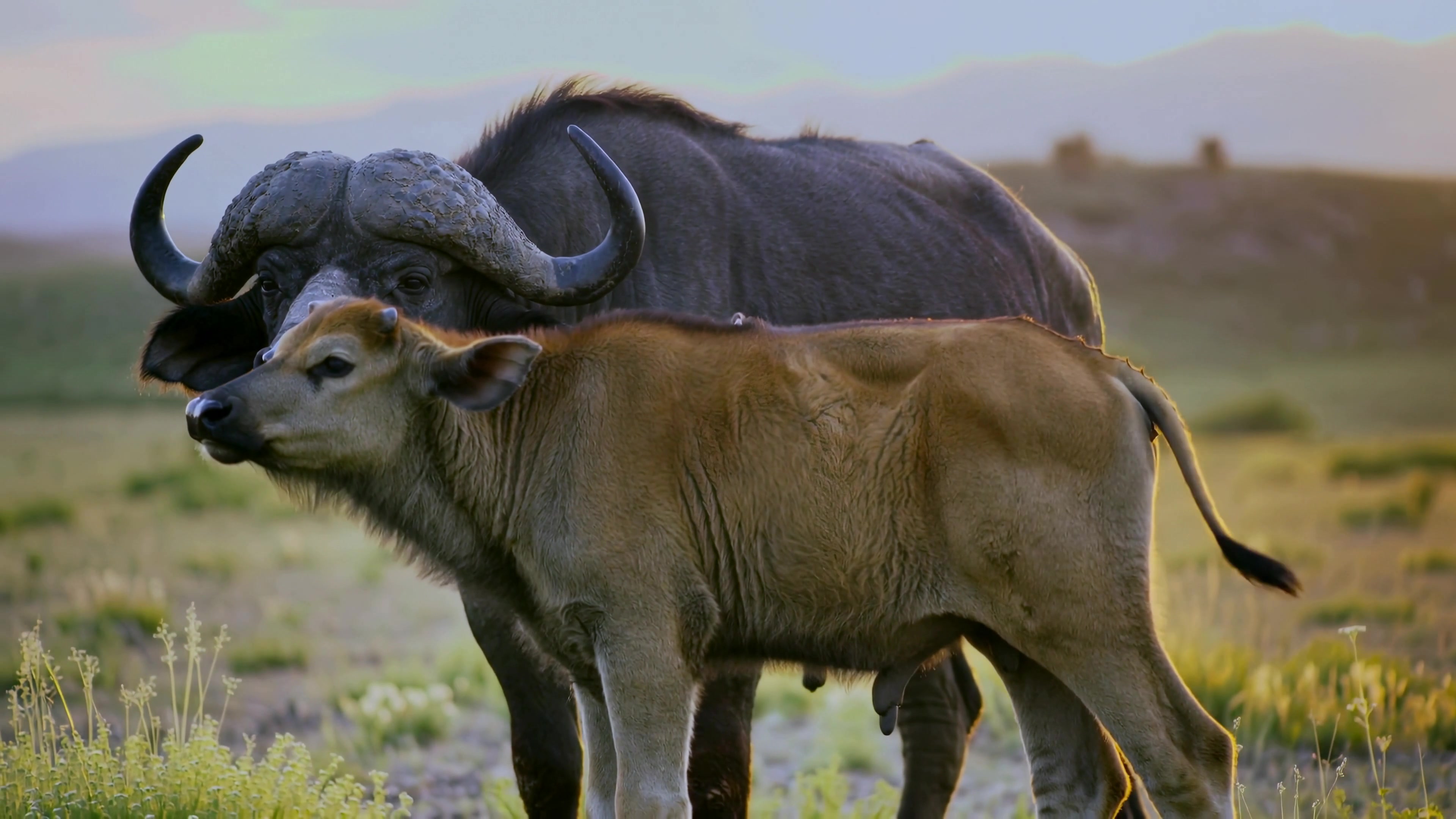Bison and calf graze in a wide open field during early evening hours in a natural setting