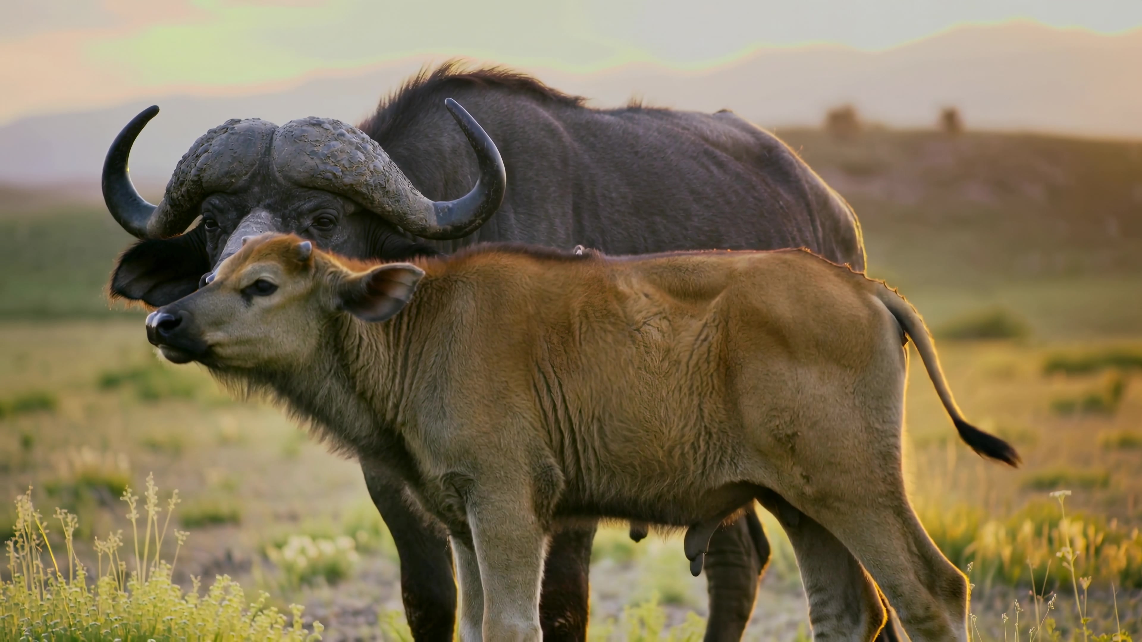 Buffalo stands next to calf in open field during sunset in a natural setting