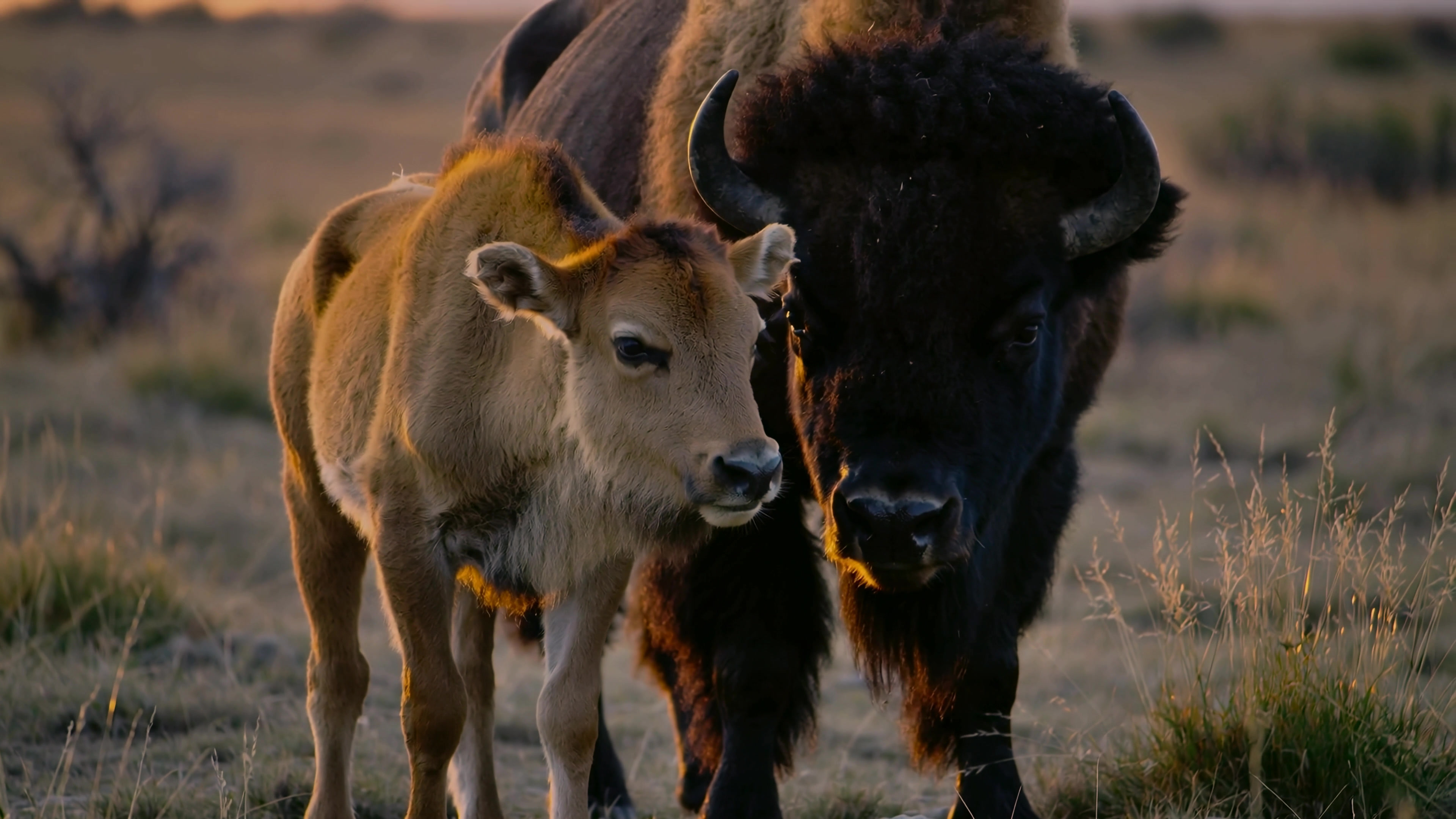 Bison and calf walking together in the grassland during sunset with warm light