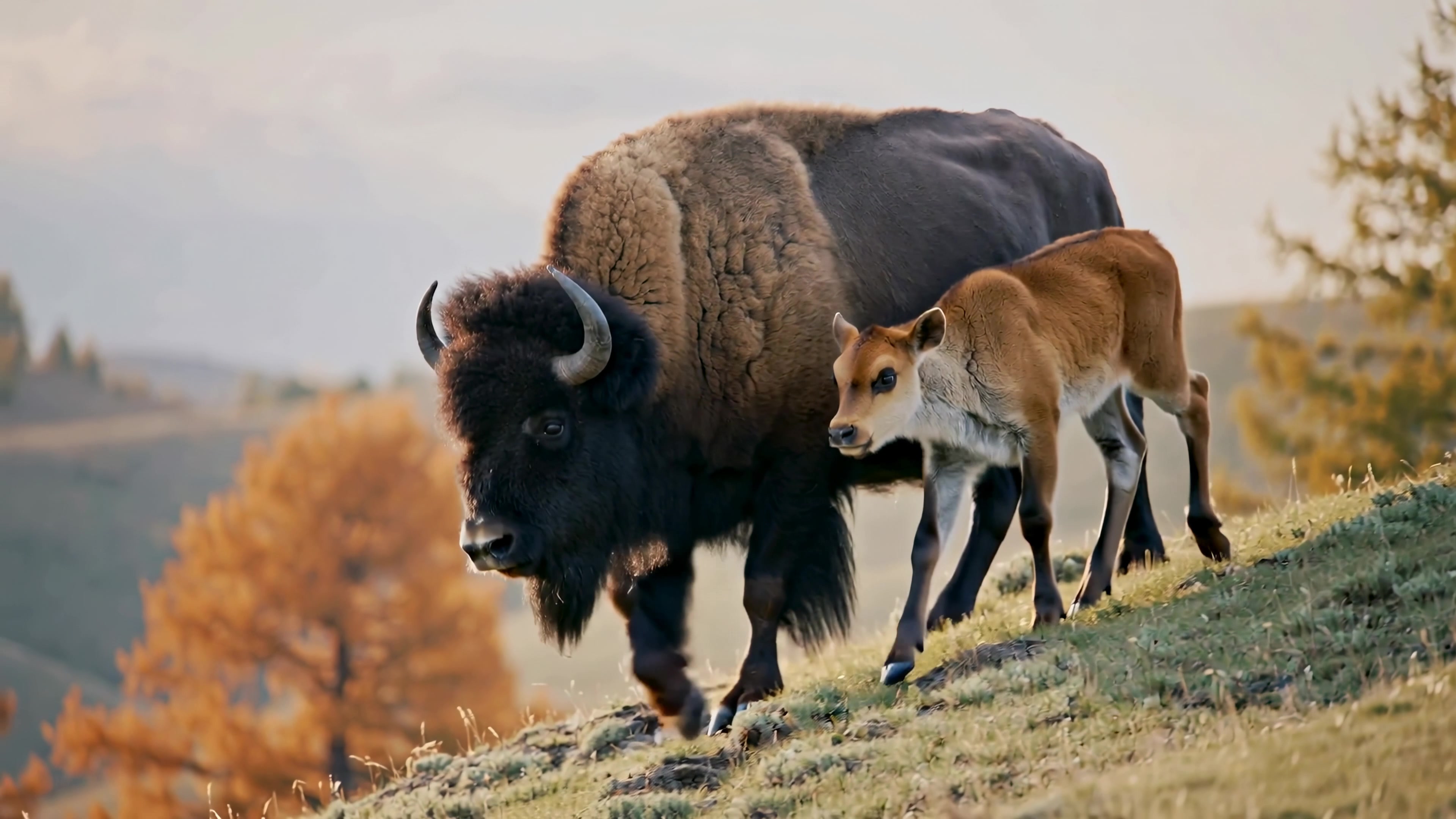 Bison and calf walking together in a grassy area during sunset in nature