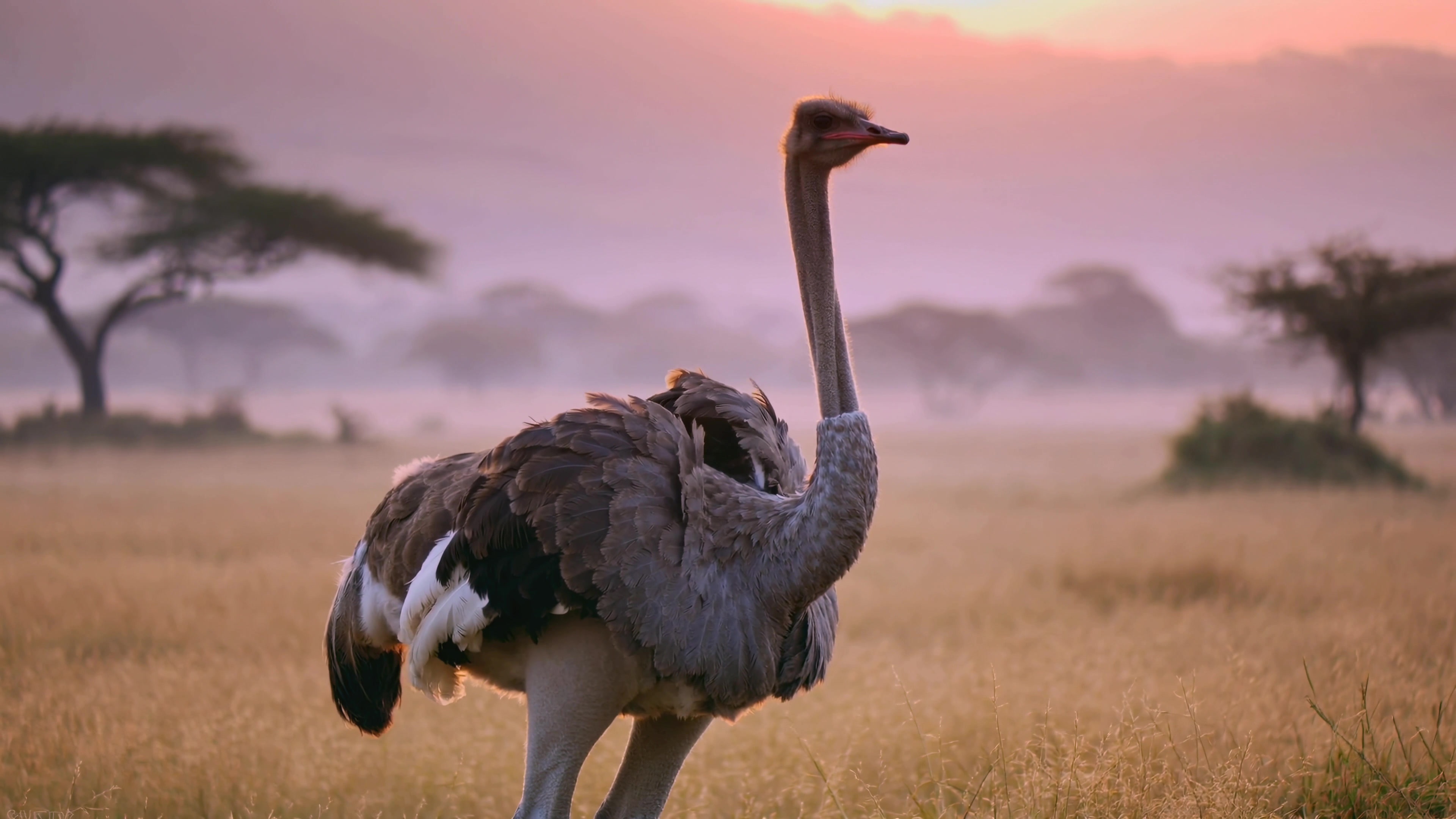 Large bird walks through grassland at sunset near trees in wildlife setting