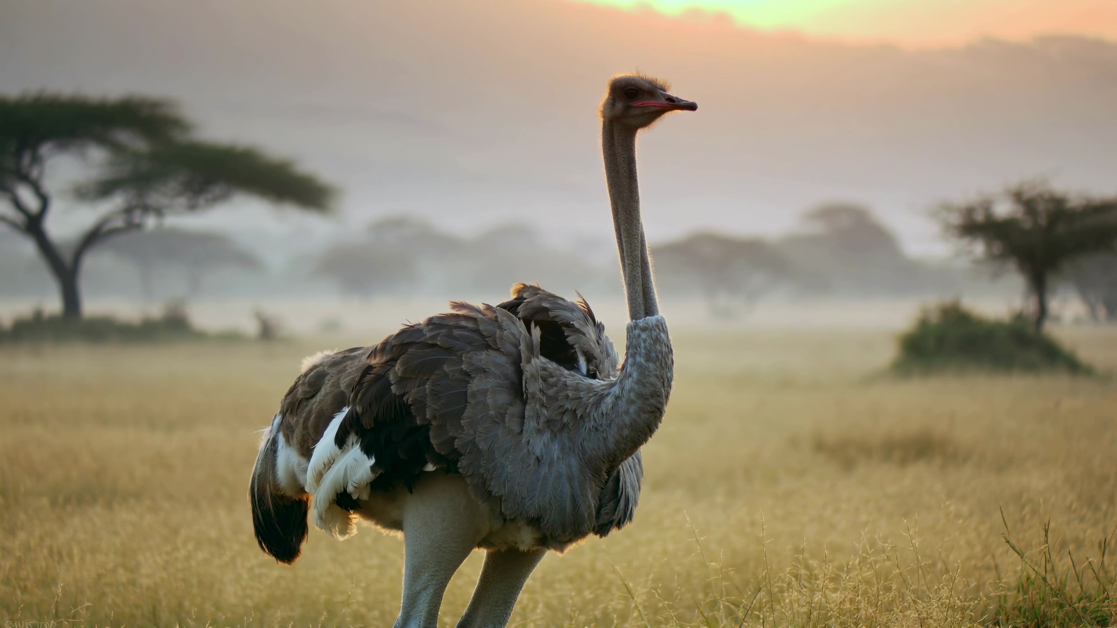 Ostrich walking in the grassland at sunrise near a forest in a natural setting