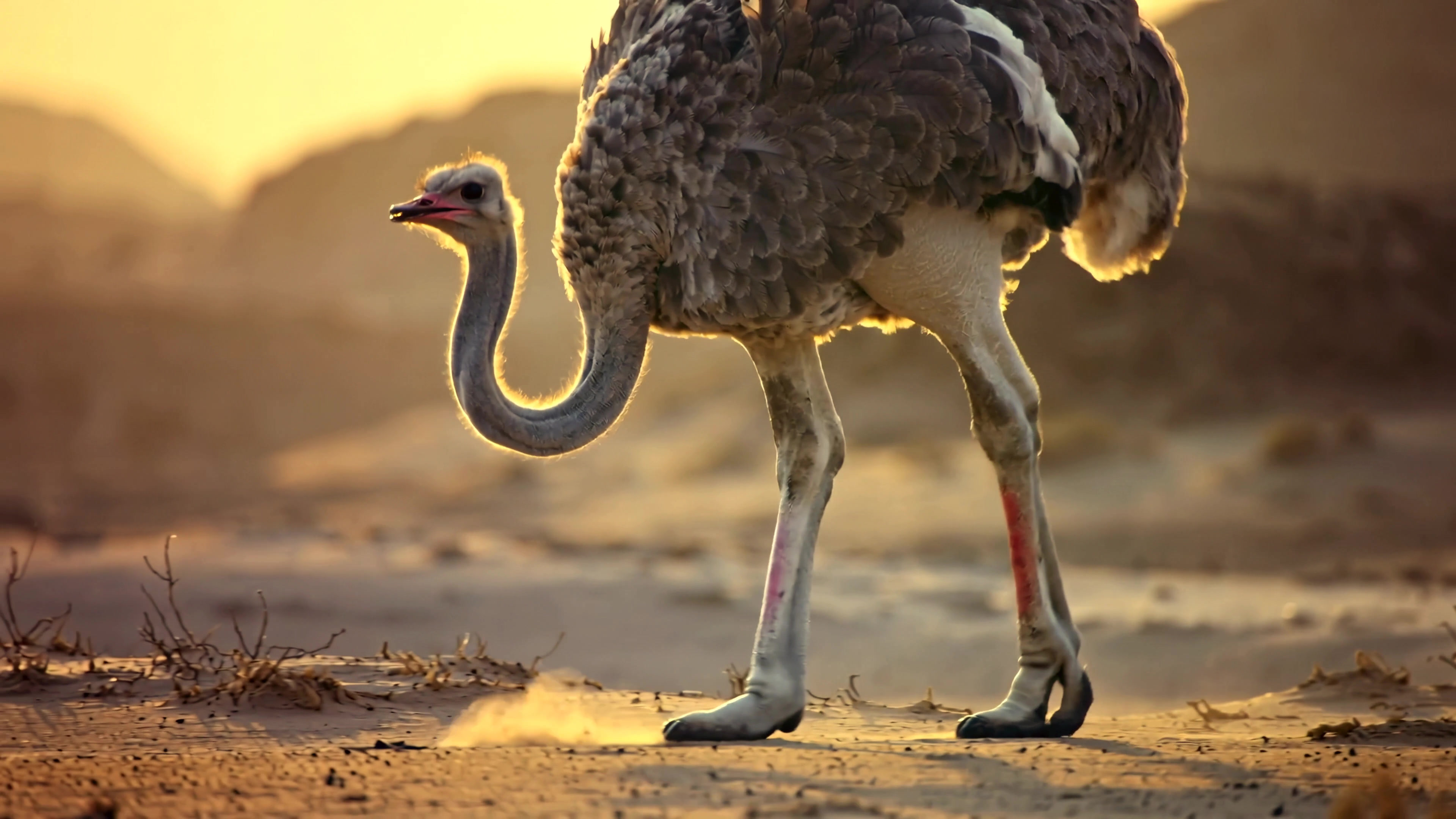 Ostrich walking in the desert during sunset, showcasing its long legs and neck