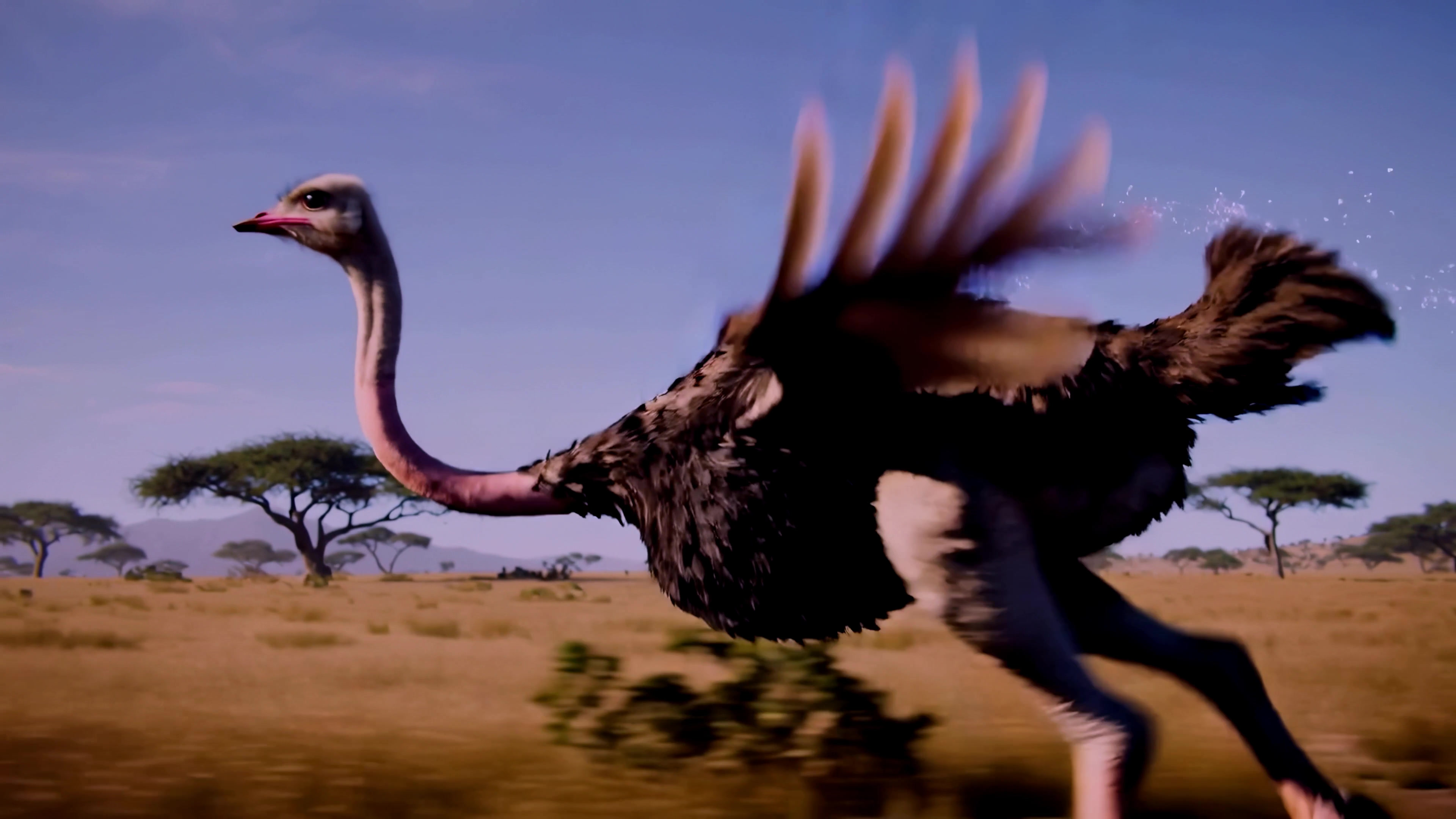 Ostrich running across grassland in natural habitat during daylight in an open landscape
