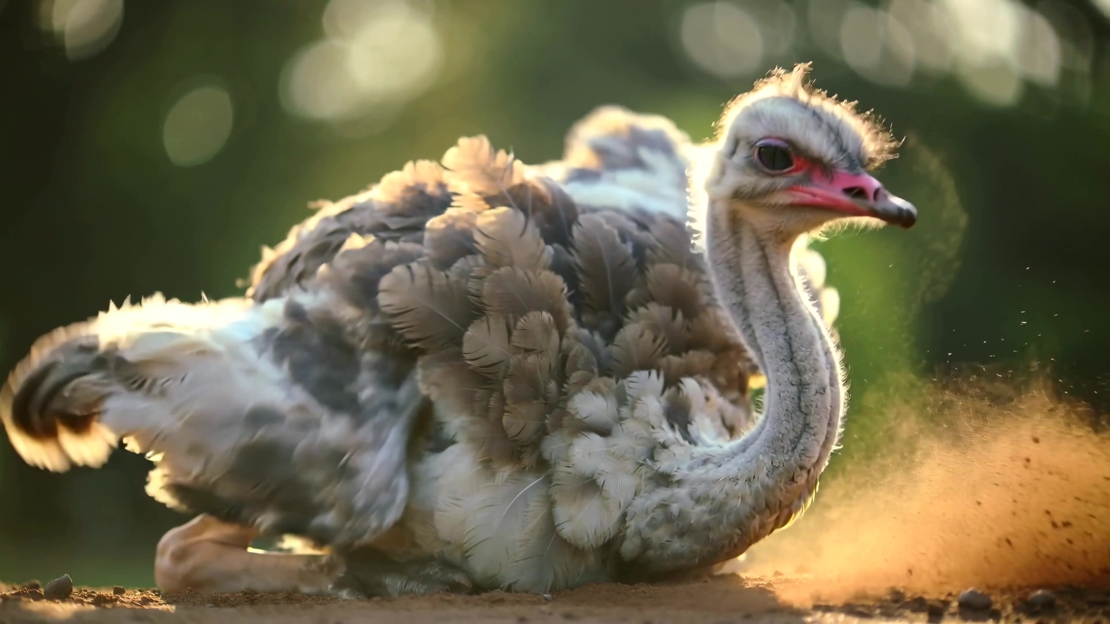 Ostrich resting on the ground in a forest during the warm afternoon light