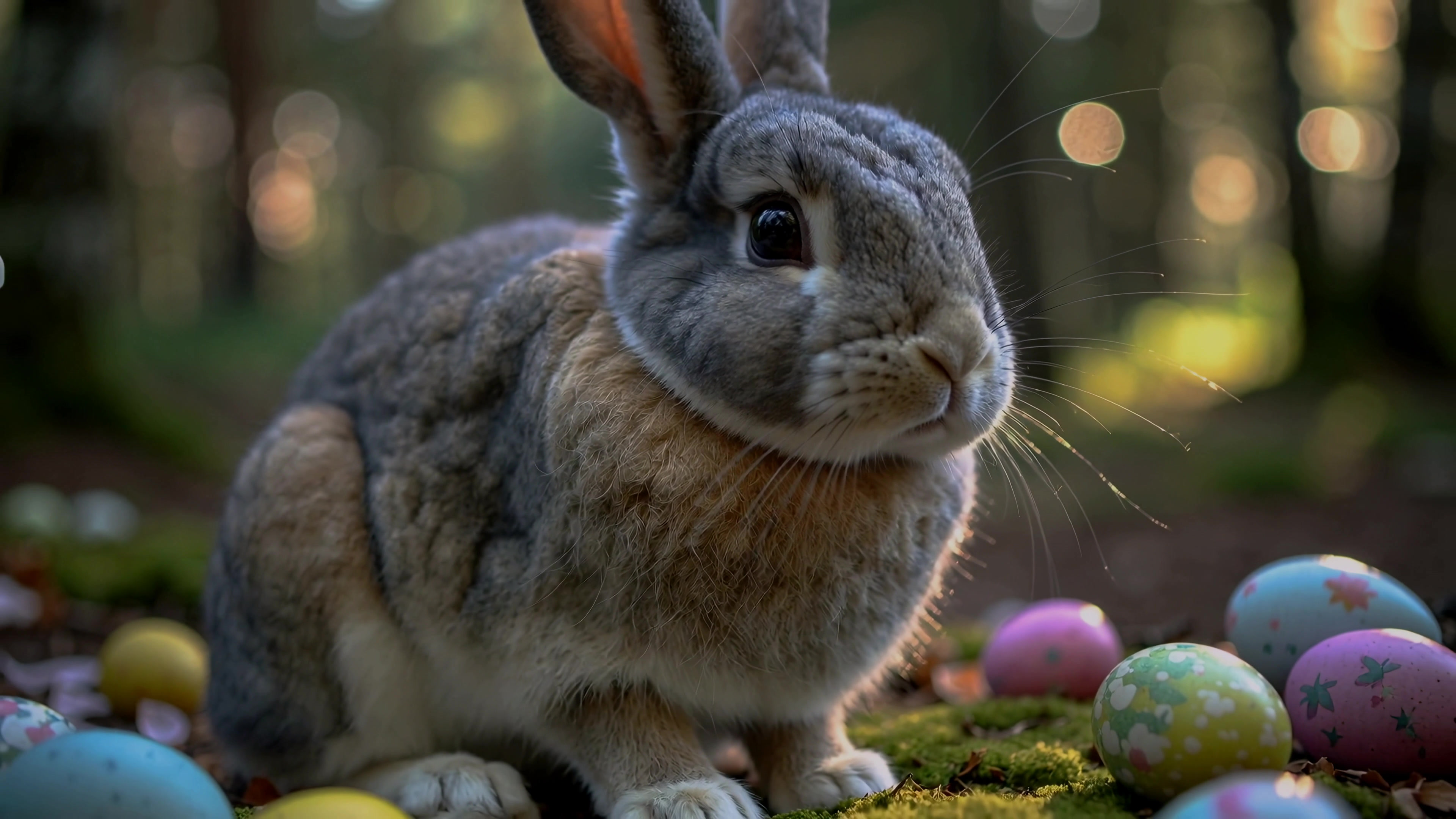 Rabbit sits among colorful eggs in forest during springtime, enjoying the natural surroundings and vibrant setting