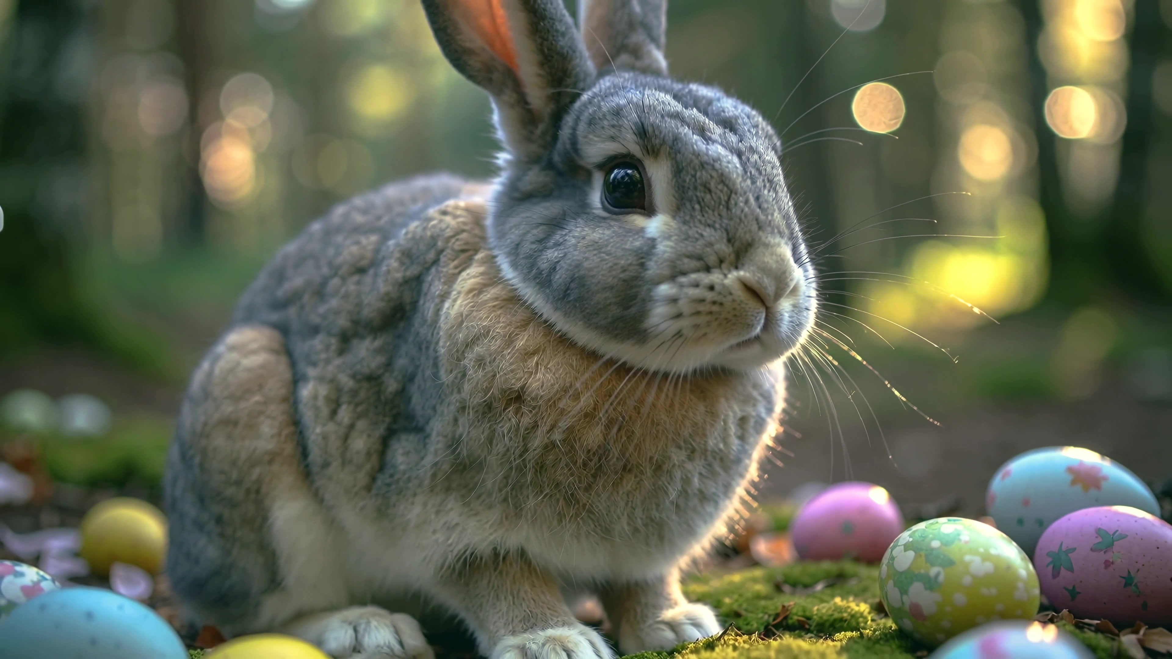 Rabbit looking at colorful eggs in a forest during springtime celebrations