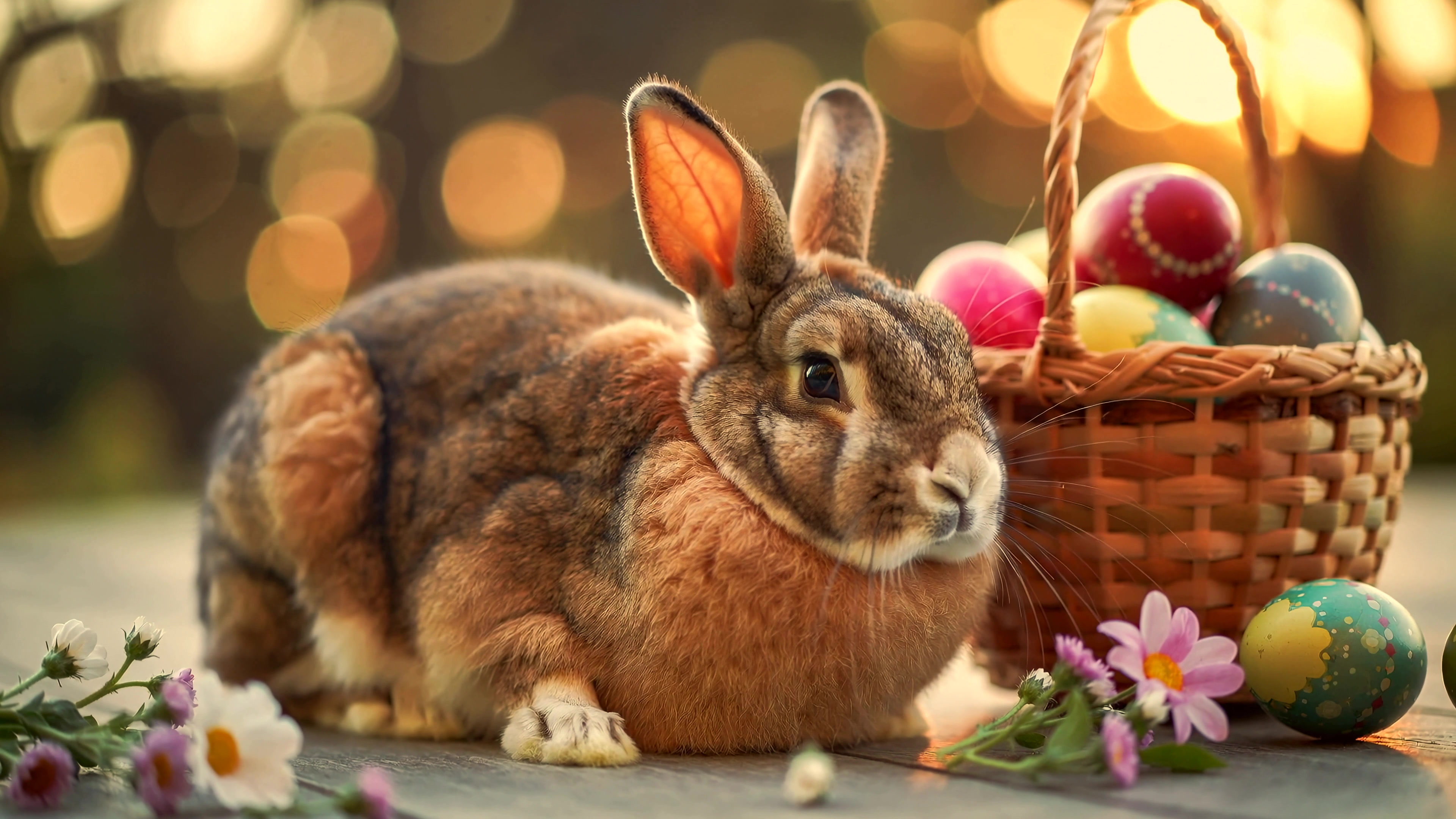 Rabbit sits near basket filled with colorful eggs and flowers during spring celebration
