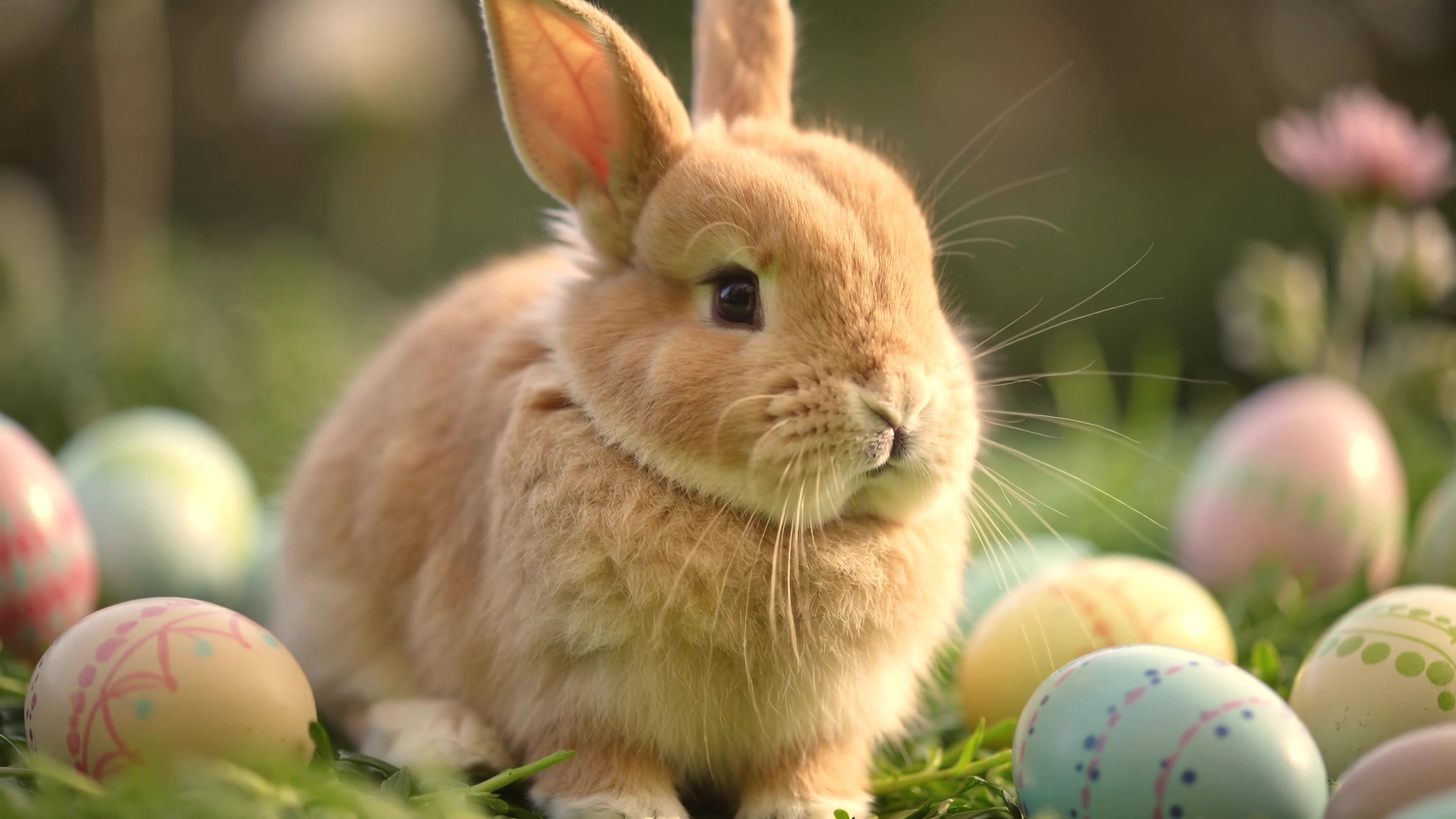 Cute rabbit sits among colorful Easter eggs in a garden during springtime