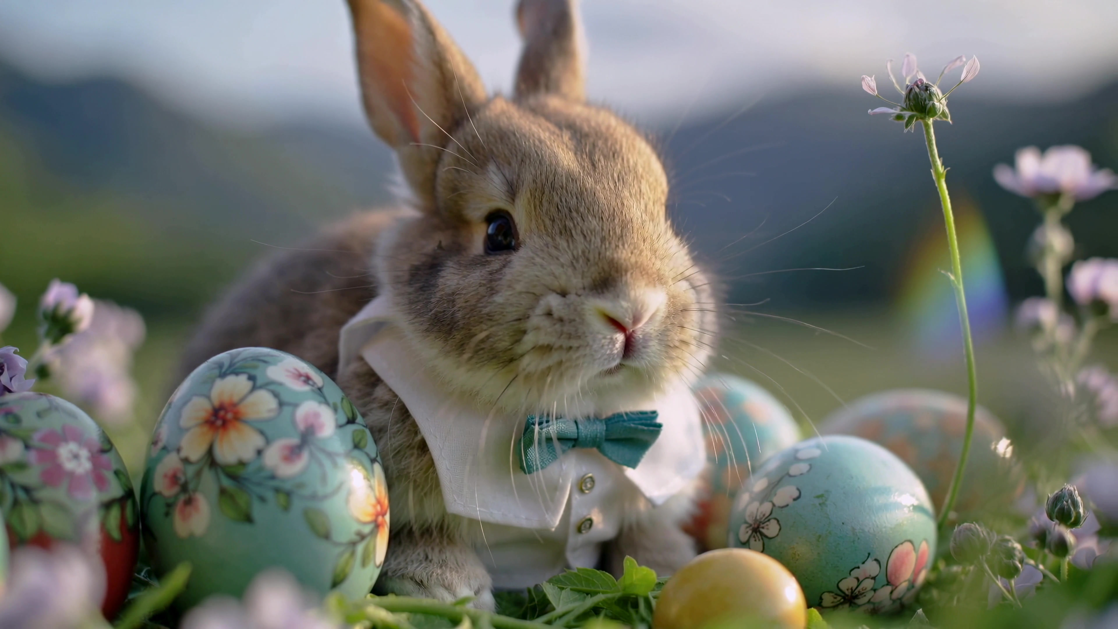 Cute rabbit dressed in a small suit sits among colorful eggs and flowers on a sunny day outdoors in a green field