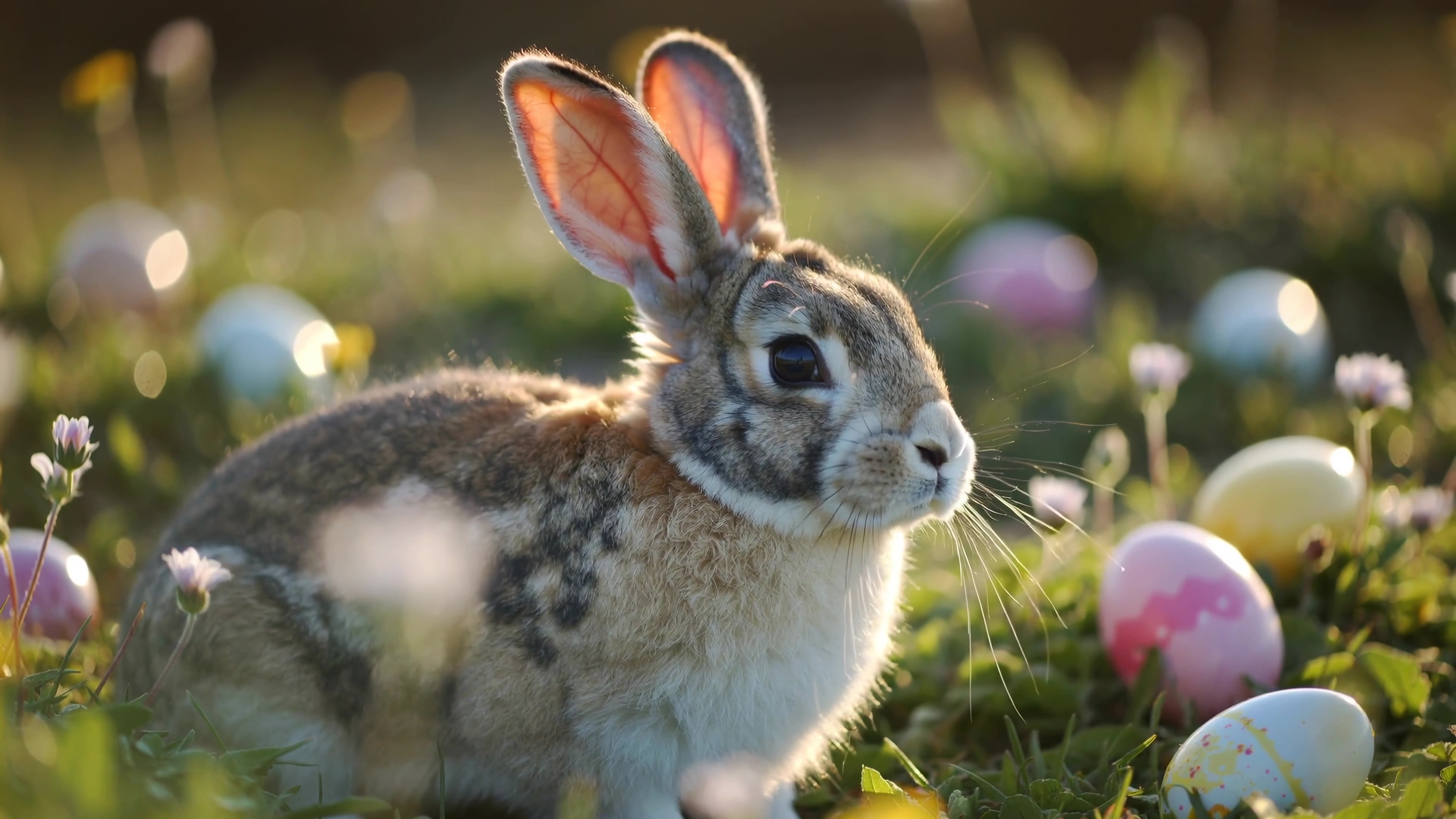 Rabbit sits among colorful eggs during spring in a grassy field while flowers bloom around it