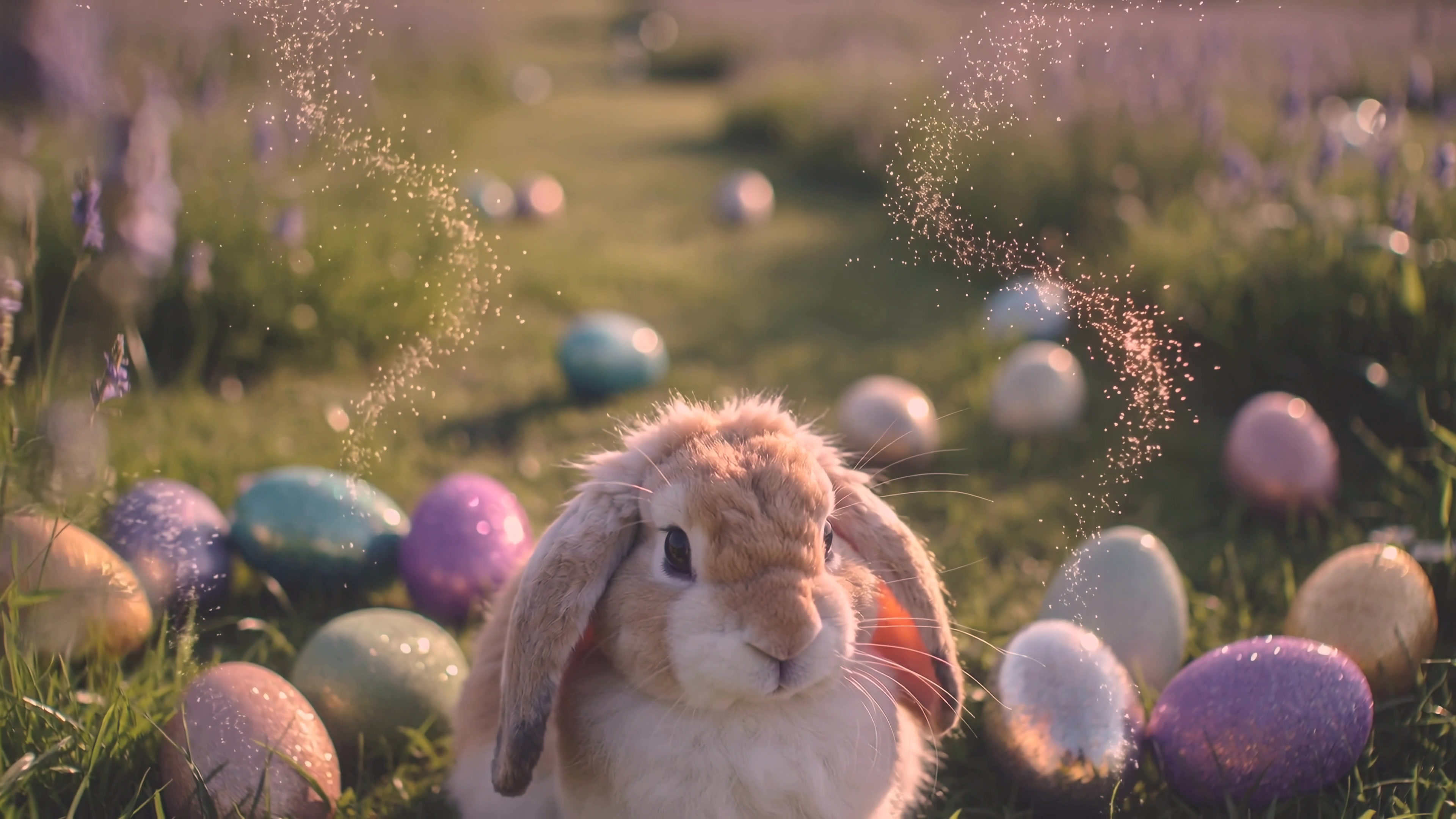 Bunny explores a field filled with decorated eggs during an Easter celebration in springtime sunlight
