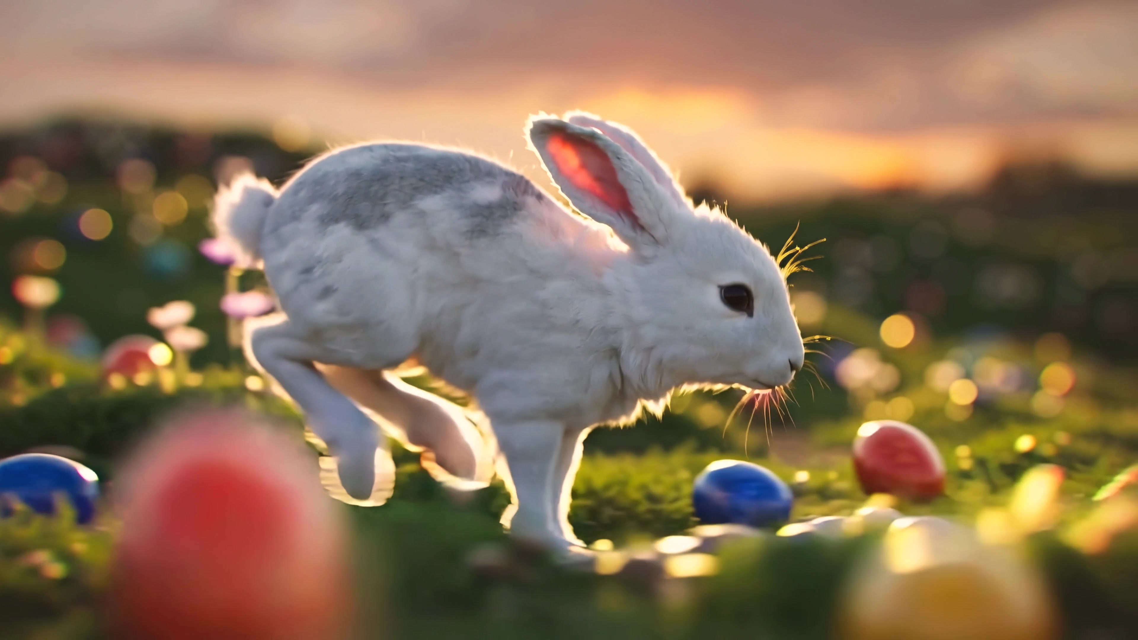 Rabbit hopping through grass with colorful eggs during sunset in a field