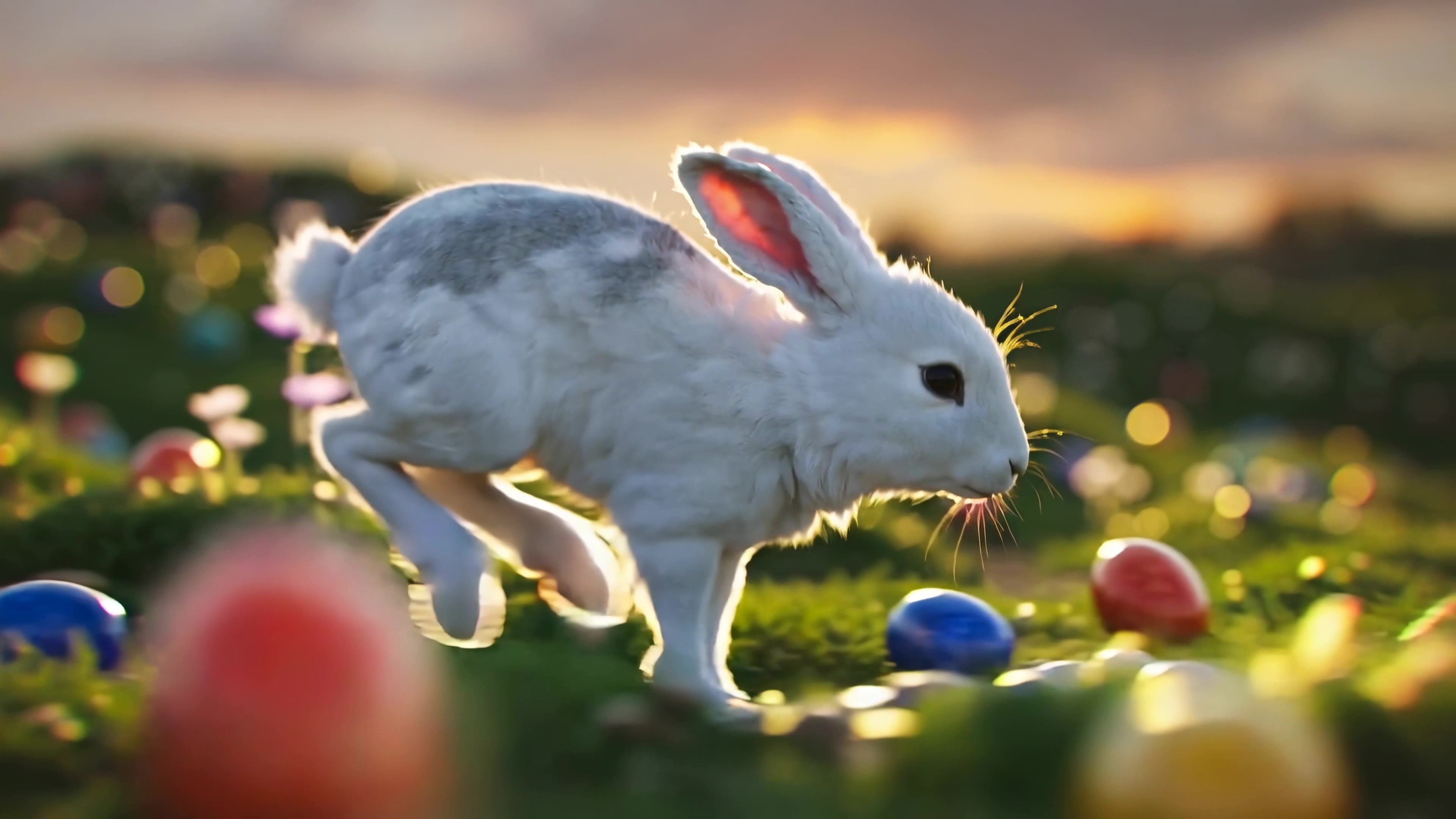 Rabbit collects colored eggs in the field during sunset while playful music plays in the background